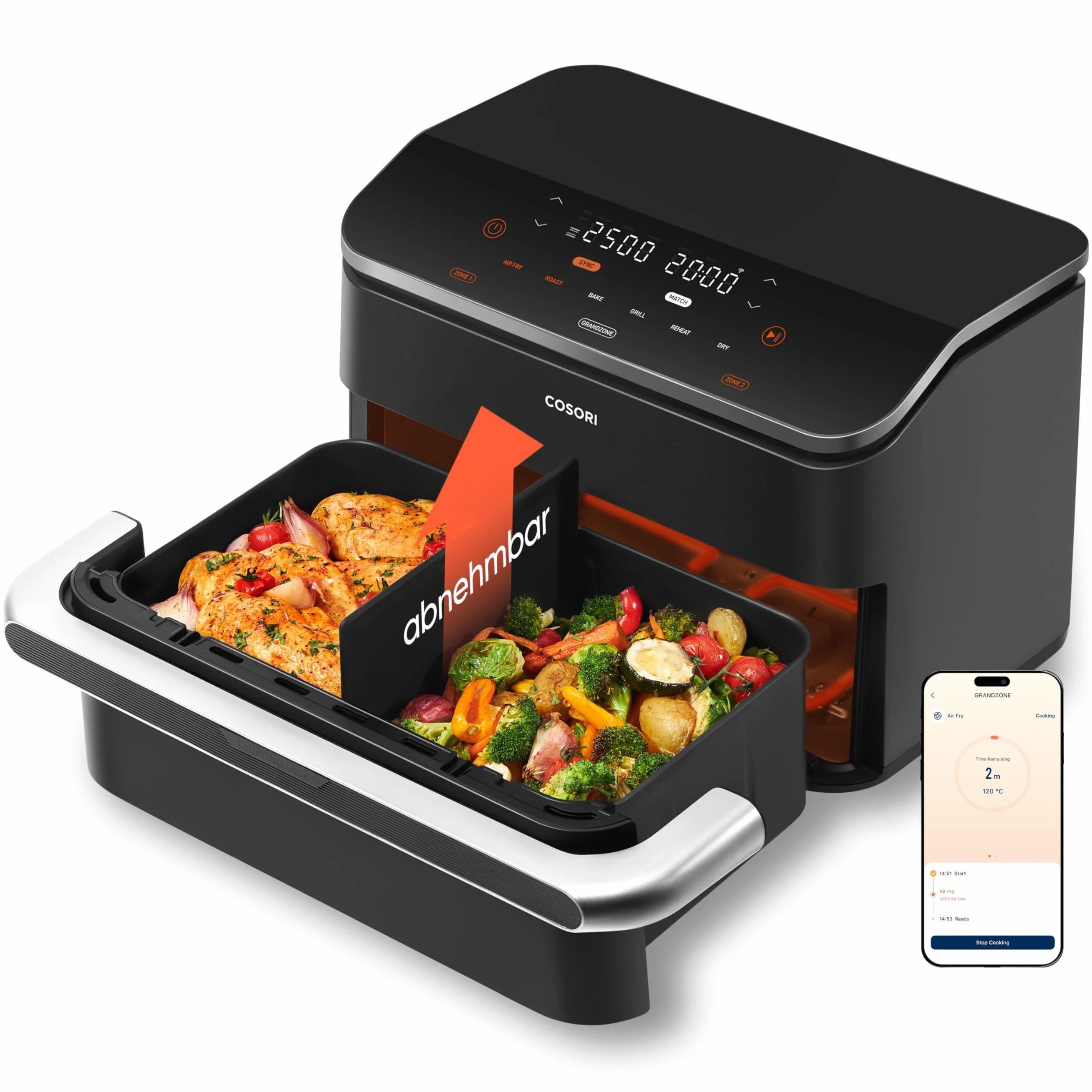 COSORI Frytkownica na gorące powietrze, 2 komory, Dual Blaze TwinFry 10 l, z 4 rurami grzewczymi i elastycznymi komorami, równomierne rozprowadzanie ciepła, temperatura do 240 °C, czarna