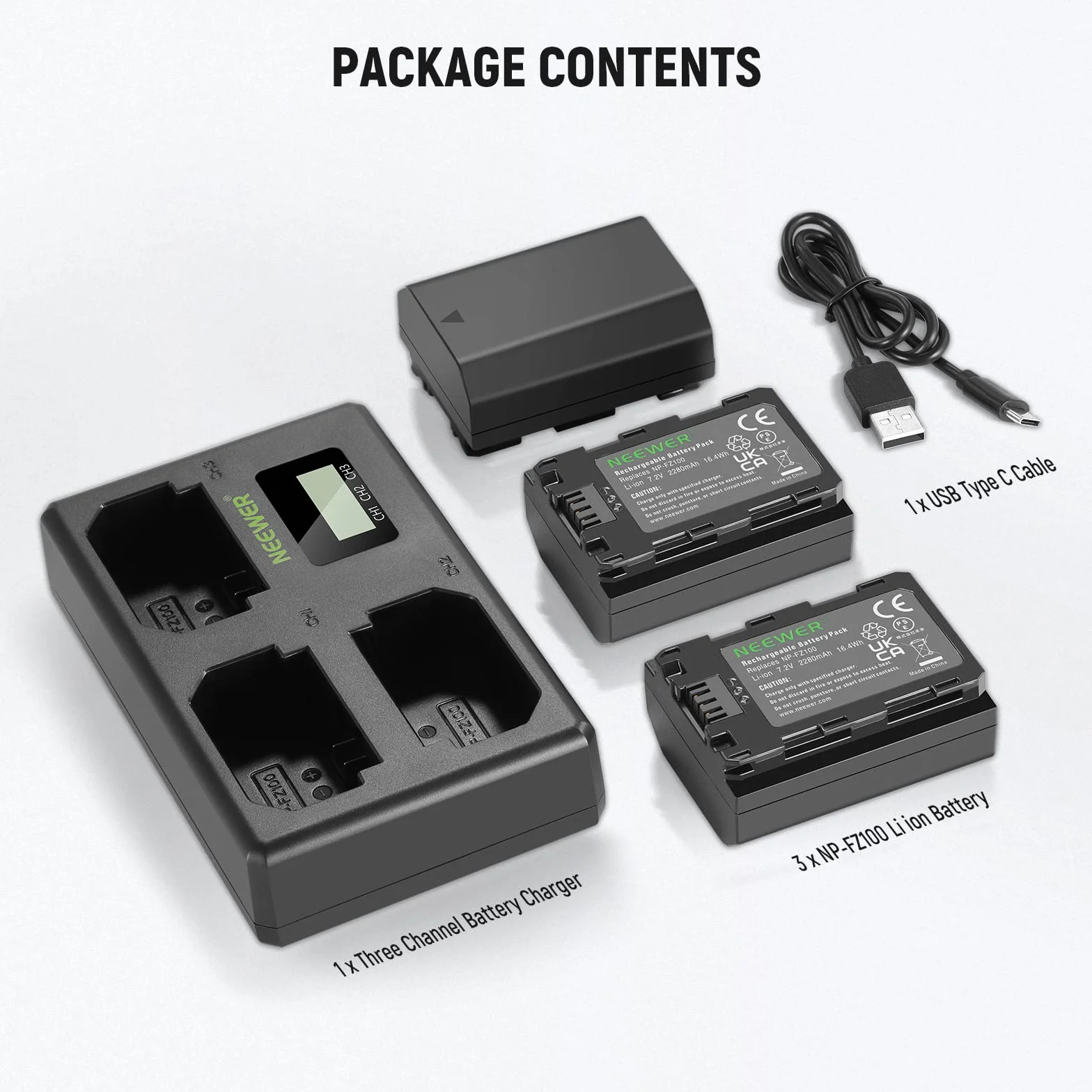 NEEWER NP-FZ100 Wymienna bateria i ładowarka, zestaw 3 szt. 2280 mAh NP-FZ100 i ładowarka USB z potrójną szczeliną, kompatybilna z Sony A1, A9, A9 II, A7R IV, A7S III, A7 III, A7 IV, A6600, A7C