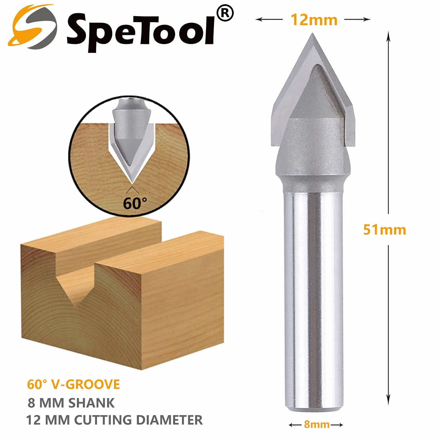 SpeTool Frez do fazowania 8 mm, trzonek 60 stopni, frez do grawerowania, 2 flety VHM 12 mm, średnica cięcia CNC, grawerowanie, frez do drewna, do frezarki górnowrzecionowej, do frezów trzpieniowych,