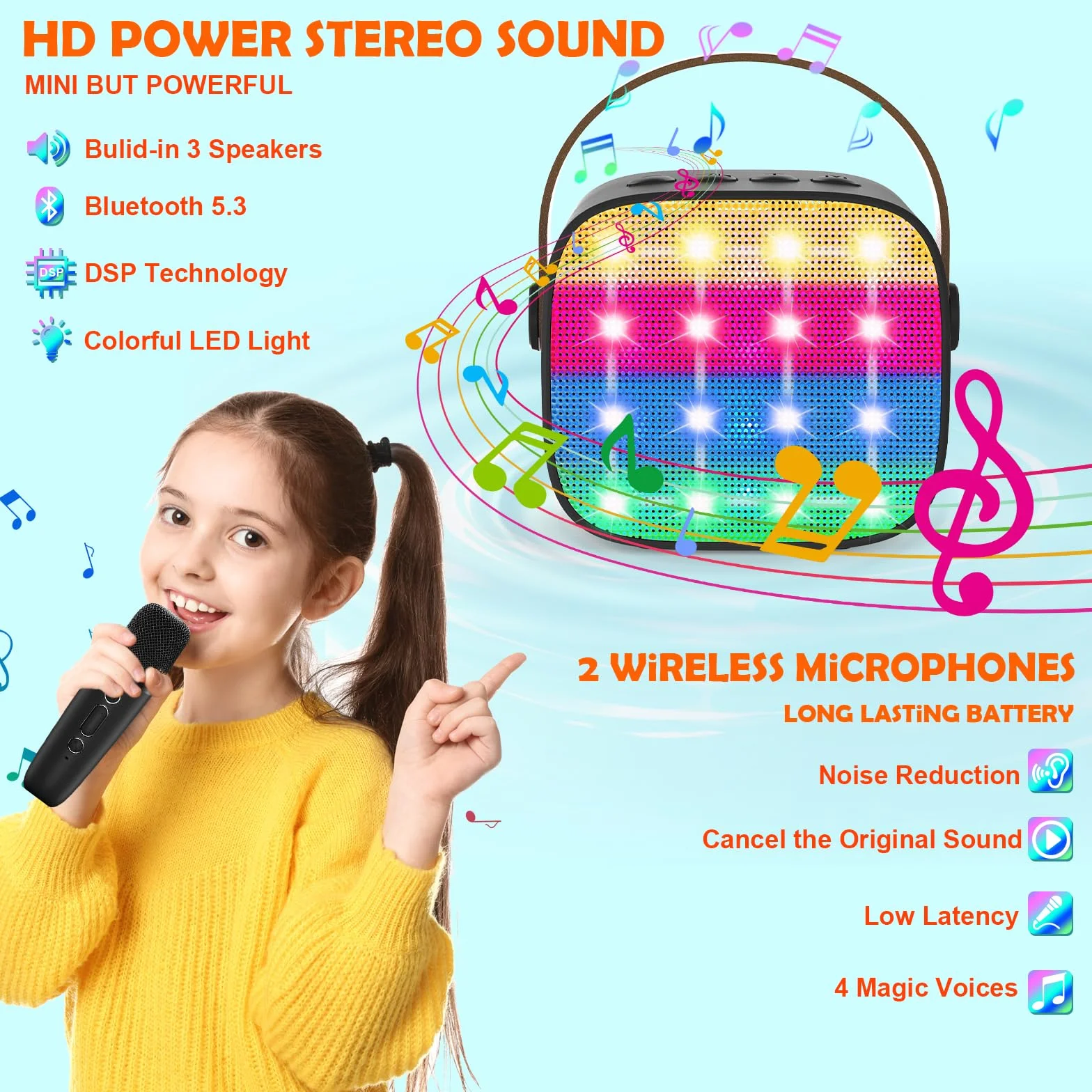 Maszyna do karaoke dla dzieci, mini z 2 mikrofonami, zabawka od 3-12 lat, prezent na mikrofon, przenośny głośnik Bluetooth z efektami głosowymi i diodami