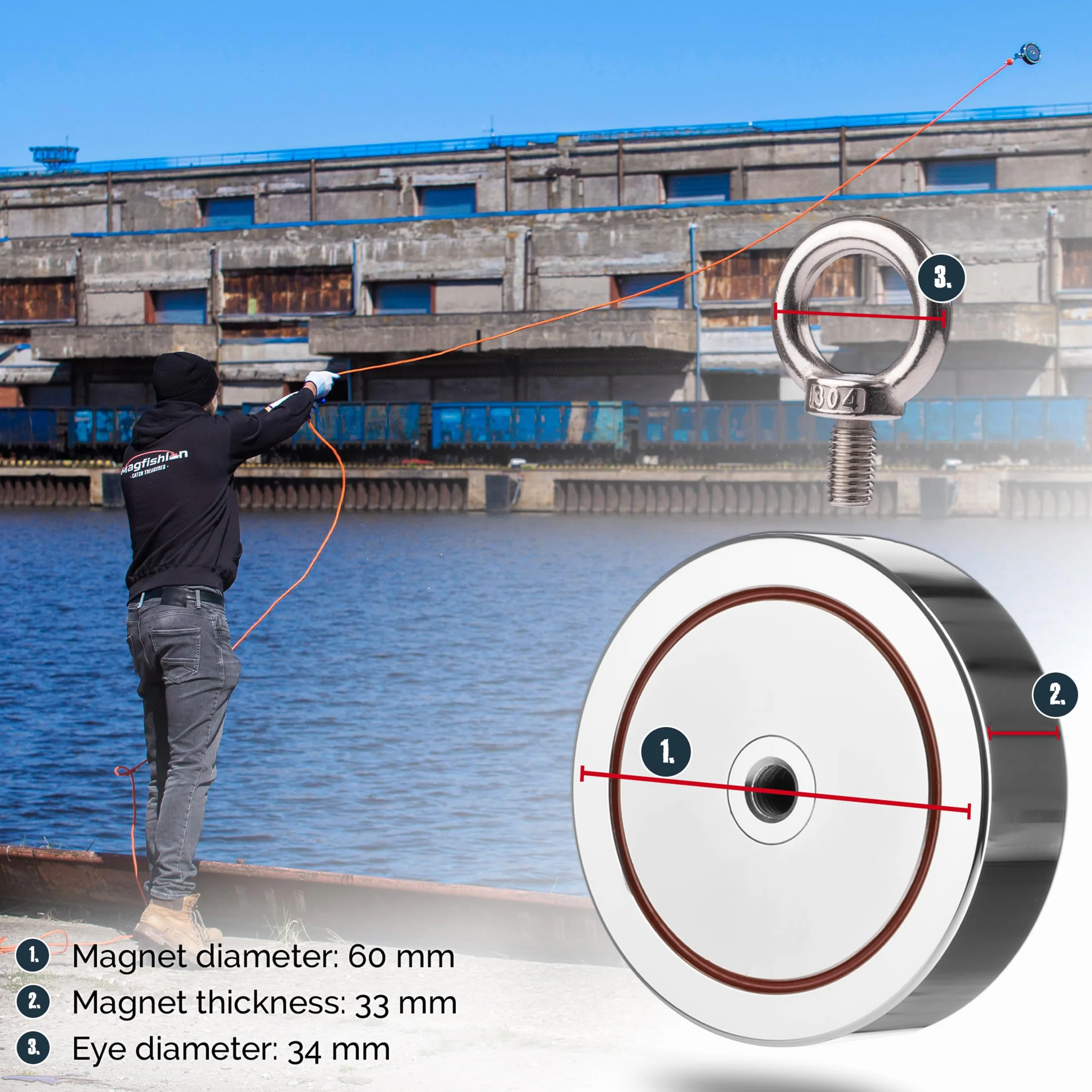MAGFISHION Dwustronny Zestaw do Magnetycznego Wędkarstwa - Siła Przyciągania 300KG (2x 150kg) - Ø60mm - Magnes Neodymowy - Z Ciemnopomarańczową Liną (20M) & Rękawice - Magnes Ryba