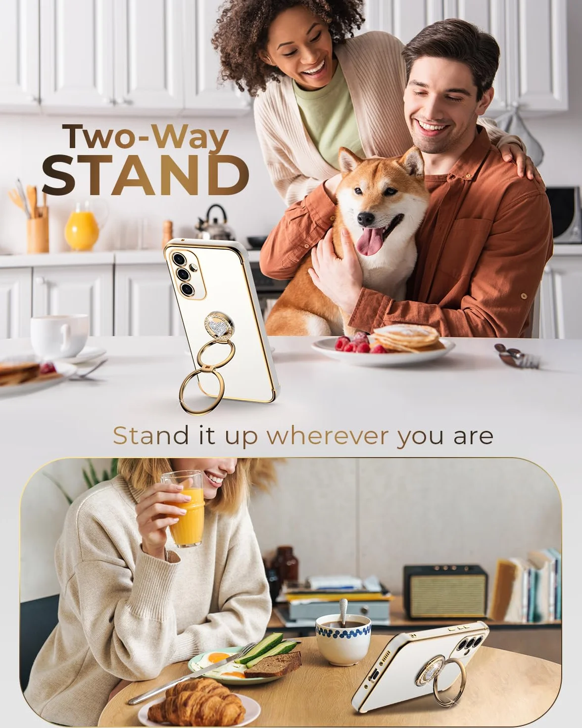 XYZ Etui do Samsung Galaxy A36 5G, etui z paskiem w kształcie serca, podwójny pierścień, stojak, etui na telefon komórkowy, łańcuszek na telefon komórkowy, dla kobiet i dziewcząt, cienkie, odporne na