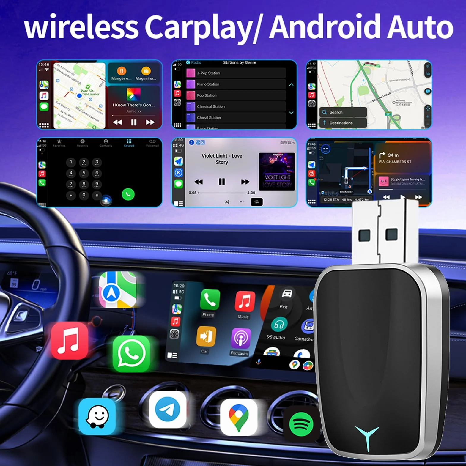 Adapter bezprzewodowy CarPlay 2 w 1 - USB-A/C Mini Android Auto dla iOS 12+ i samochodów z kablem CarPlay, Plug and Play