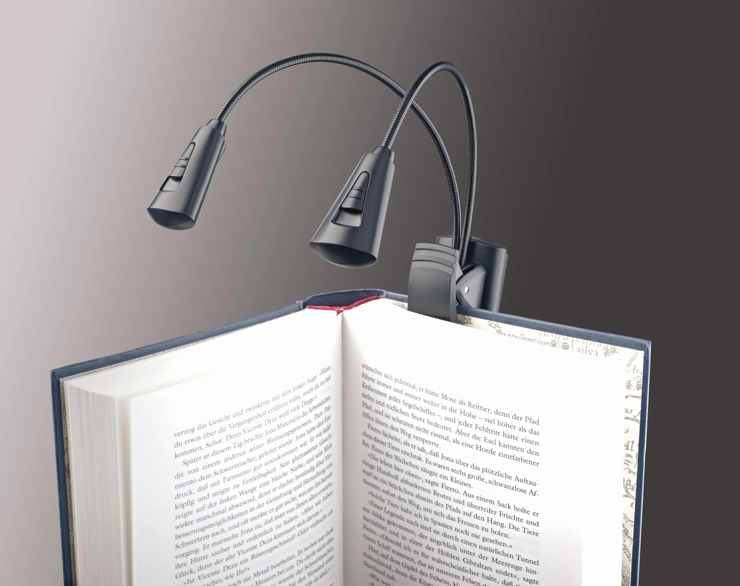 K&M 12244 lampa do pulpitu nutowego Double2 LED FlexLight czarna – mocowanie za pomocą klipsa – 2 elastyczne łabędzia szyja, 2 x 1300 luksów