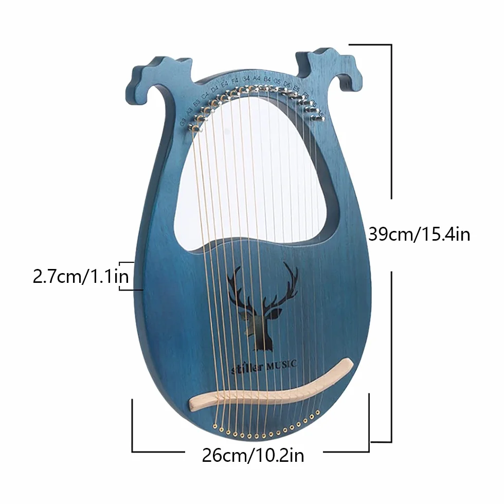 Mahoń, 16 strun, lira, harfa, instrument muzyczny z tuningowym pickupem (niebieski Reindeer)