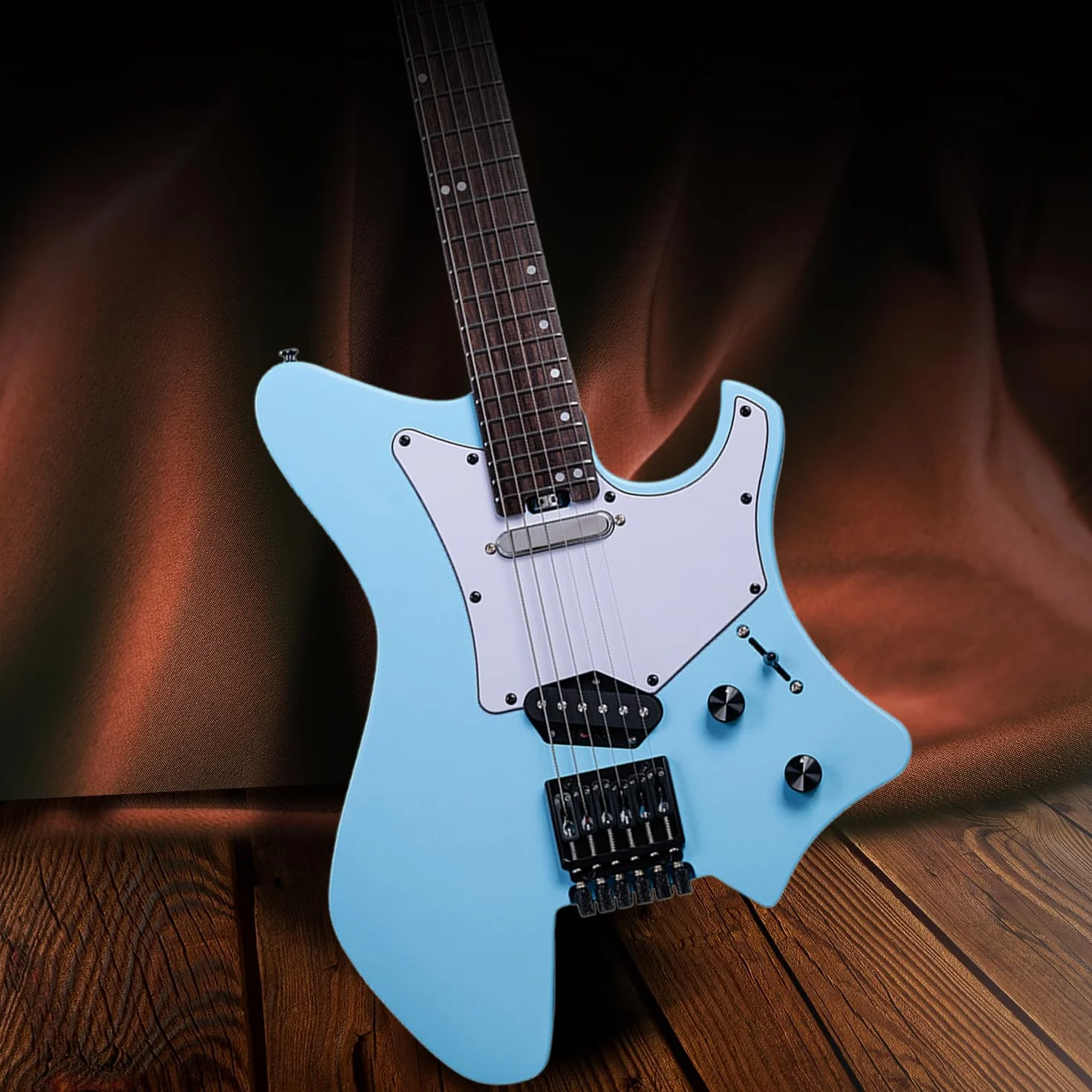 EART GW2TP-SE bezgłowy gitara elektryczna z prażonym mahoniowym korpusem, przetworniki Artones-TSE, zaokrąglone końcówki średnie progi ze stali nierdzewnej Jumbo (niebieska)