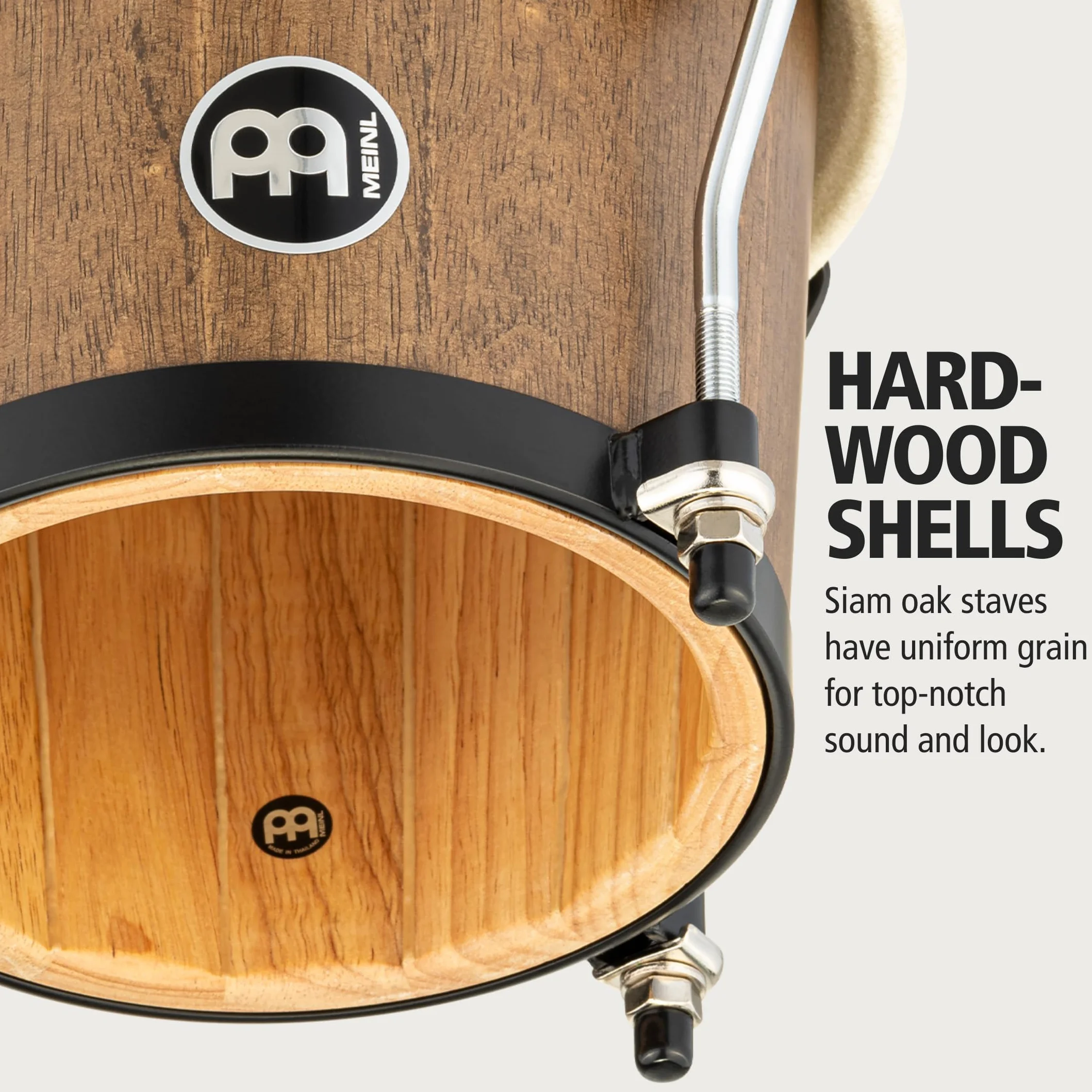 Meinl Percussion Bongos Headliner Wood – 2 Bongosy 6,75 i 8 cali – W Zestawie Klucz do Strojenia – Siam Oak, Kolor Brązowy (HTB100WB-M)
