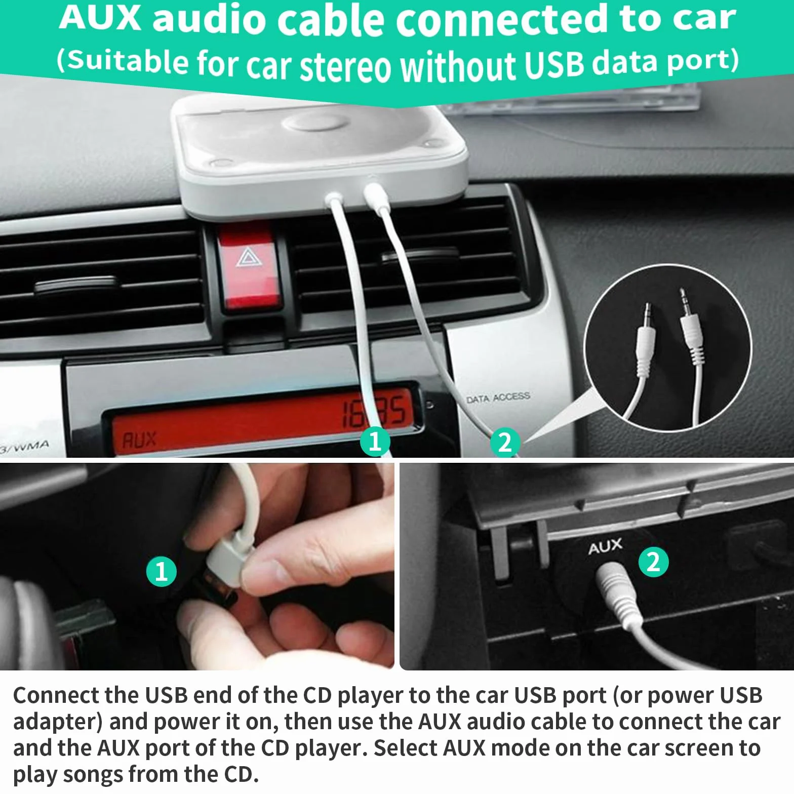 samochodowy odtwarzacz CD z portem USB/AUX, zewnętrzny, uniwersalny odtwarzacz CD z pilotem zdalnego sterowania, do samochodów osobowych, ciężarowych, laptopów, komputerów, telewizorów, napędu