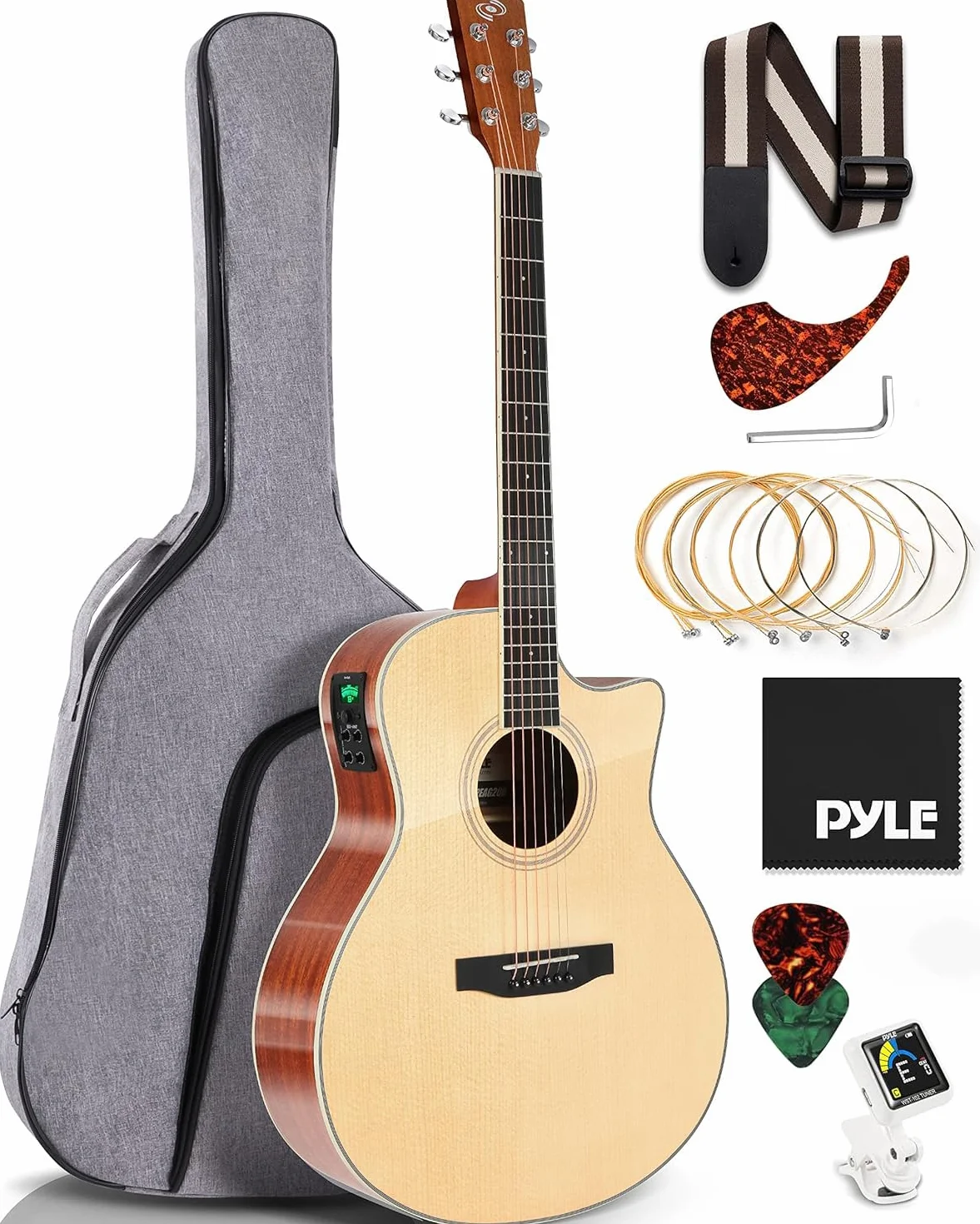 Pyle Premium elektryczna gitara akustyczna, świerk górny i boki z drewna mahoniowego, pełnowymiarowe wycięcie na dreadnought, stalowe struny, ulepszony pokrowiec, 4-pasmowy EQ wielokrotnego ładowania,