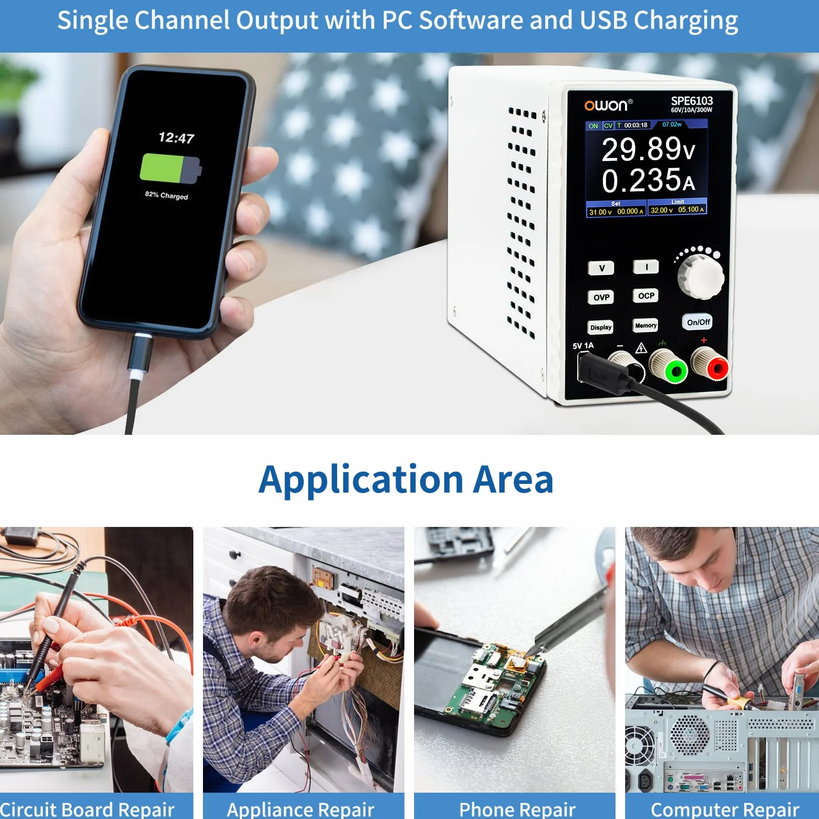 OWON SPE6103 Programowalny zasilacz laboratoryjny (0-60V 0-10 A), 300w Zasilacz stołowy DC 2,8-calowy wyświetlacz LCD, jednokanałowe wyjście z oprogramowaniem komputerowym i ładowaniem przez USB