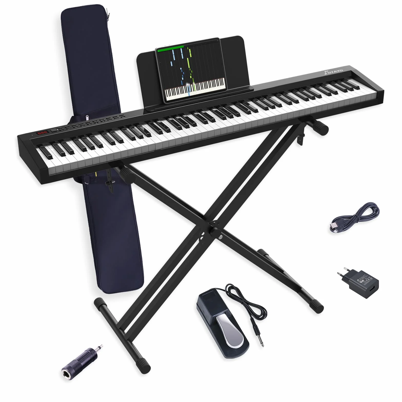 Pianino E, 88 klawiszy, cyfrowy fortepian z półważoną klawiaturą pełnowymiarową z funkcją MIDI i Bluetooth, w zestawie stojak na fortepian i Sustain – idealny dla dzieci do ćwiczeń w domu