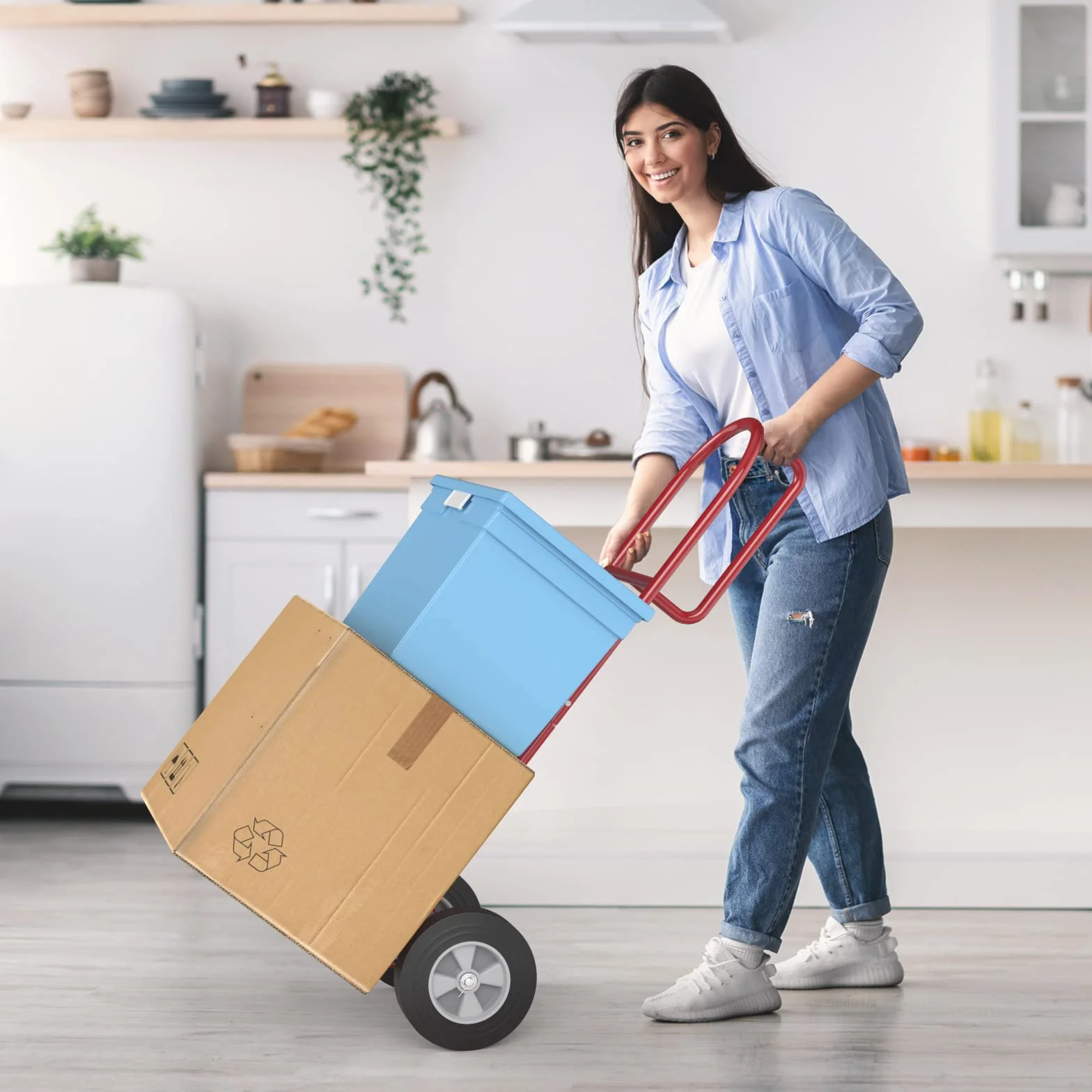 COSTWAY Wózek transportowy z uchwytem P, obciążenie do 300 kg, metalowy wózek do dużych obciążeń, wózek transportowy z dużymi kołami i składaną powierzchnią ładunkową, wózek transportowy ręczny (model