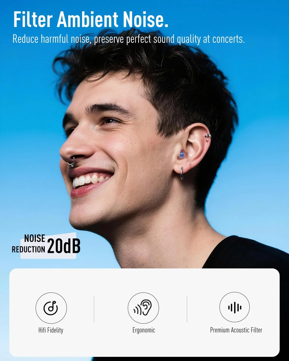 Hearprotek Hifi Koncert Zatyczki Do Uszu 20dB Zatyczki Ochrona Słuchu Dla Muzyków, Dj, Perkusistów, Perkusja, Festiwal, Klub Nocny (Niebieski)
