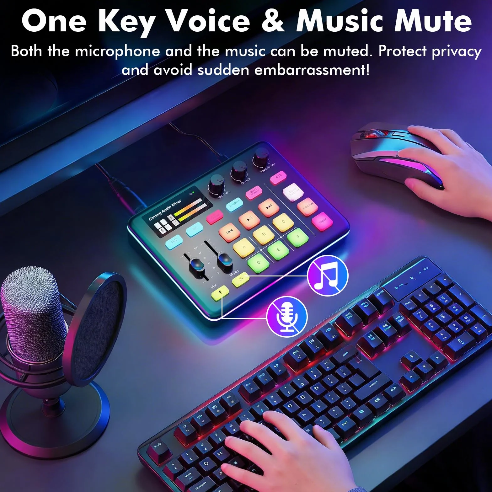 G1 Neo mikser audio, mikser audio, karta dźwiękowa RGB do mikrofonu XLR, interfejs audio do strumieniowego przesyłania, 48 V Phantom Power, efekty dźwiękowe DIY, kontrola głośności, przycisk