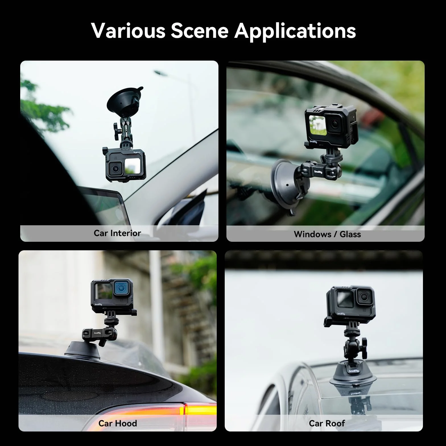 SMALLRIG Dwuwarstwowy Uchwyt z Przyssawką dla GoPro Hero 11/10/9, dla DJI Osmo Action/Procket, dla Insta360 X3, Podwójna Głowica Kulowa, Obrót o 360°, Montaż na Szybie Samochodu lub Oknie SC-1K -4193
