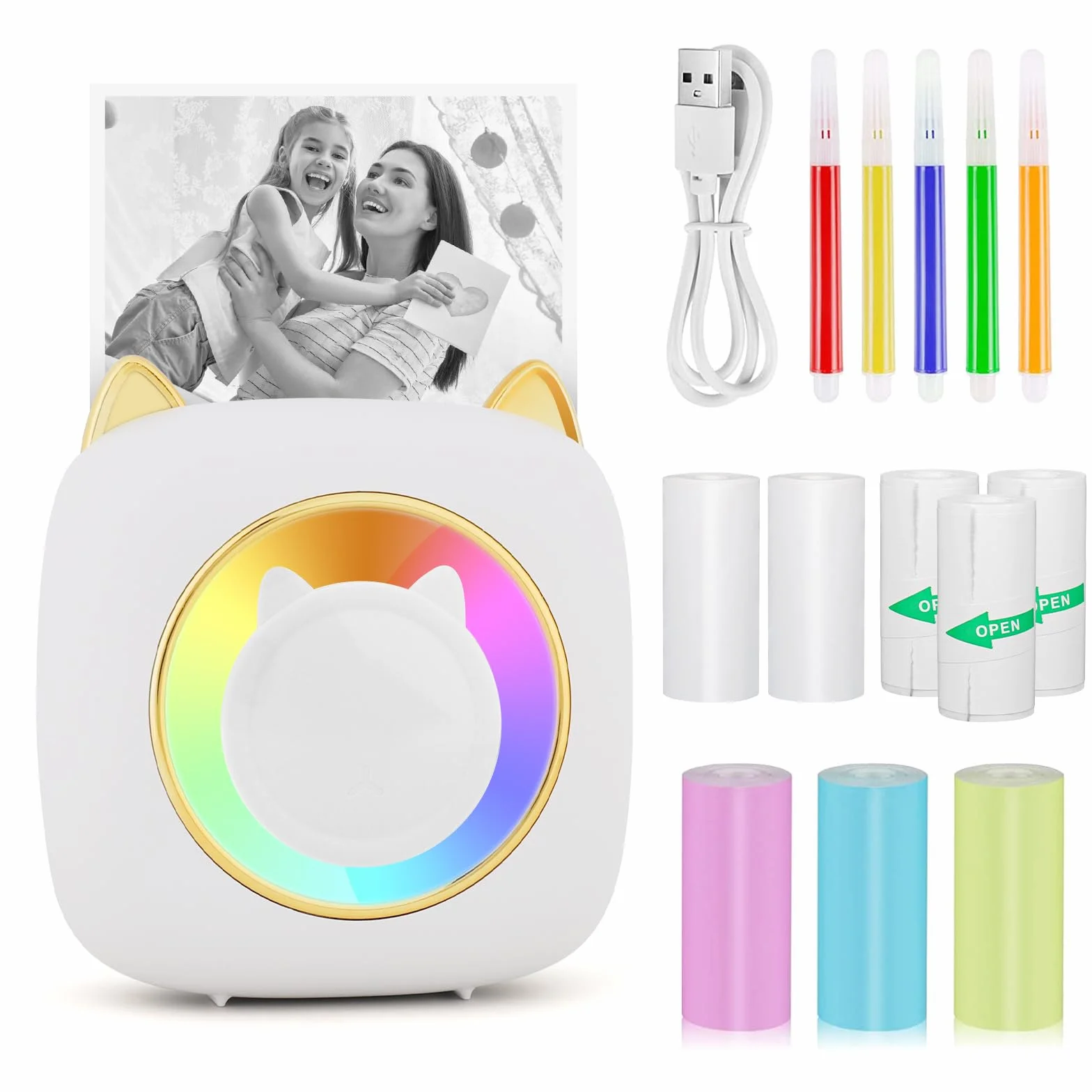 GuKKK Mini drukarka, mobilna drukarka fotograficzna, przenośna, mini drukarka fotograficzna z siedmioma kolorami LED, bezprzewodowa drukarka fotograficzna, drukarka termiczna do smartfona, drukarka