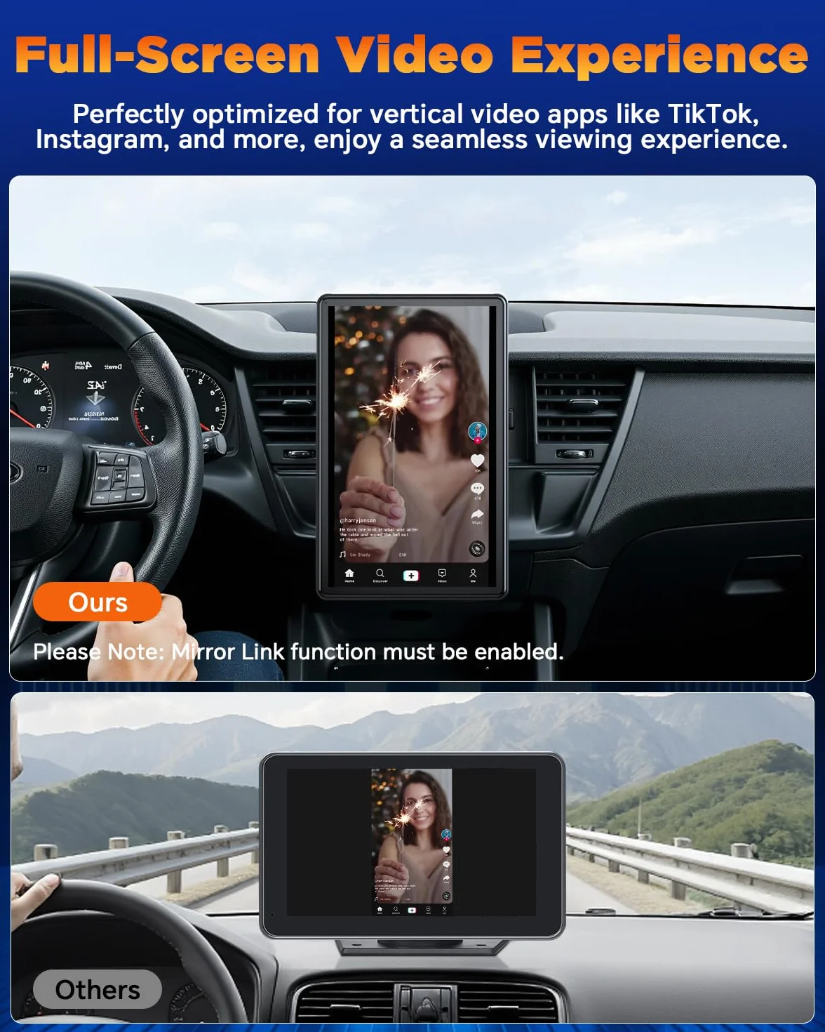 Volam Wyświetlacz Carplay 17.8 cm z funkcją A-pple Carplay Android Auto, ekran poziomy i pionowy, uchwyt magnetyczny, przenośne samochodowe stereo z nawigacją na żywo, sterowanie głosowe, łącze