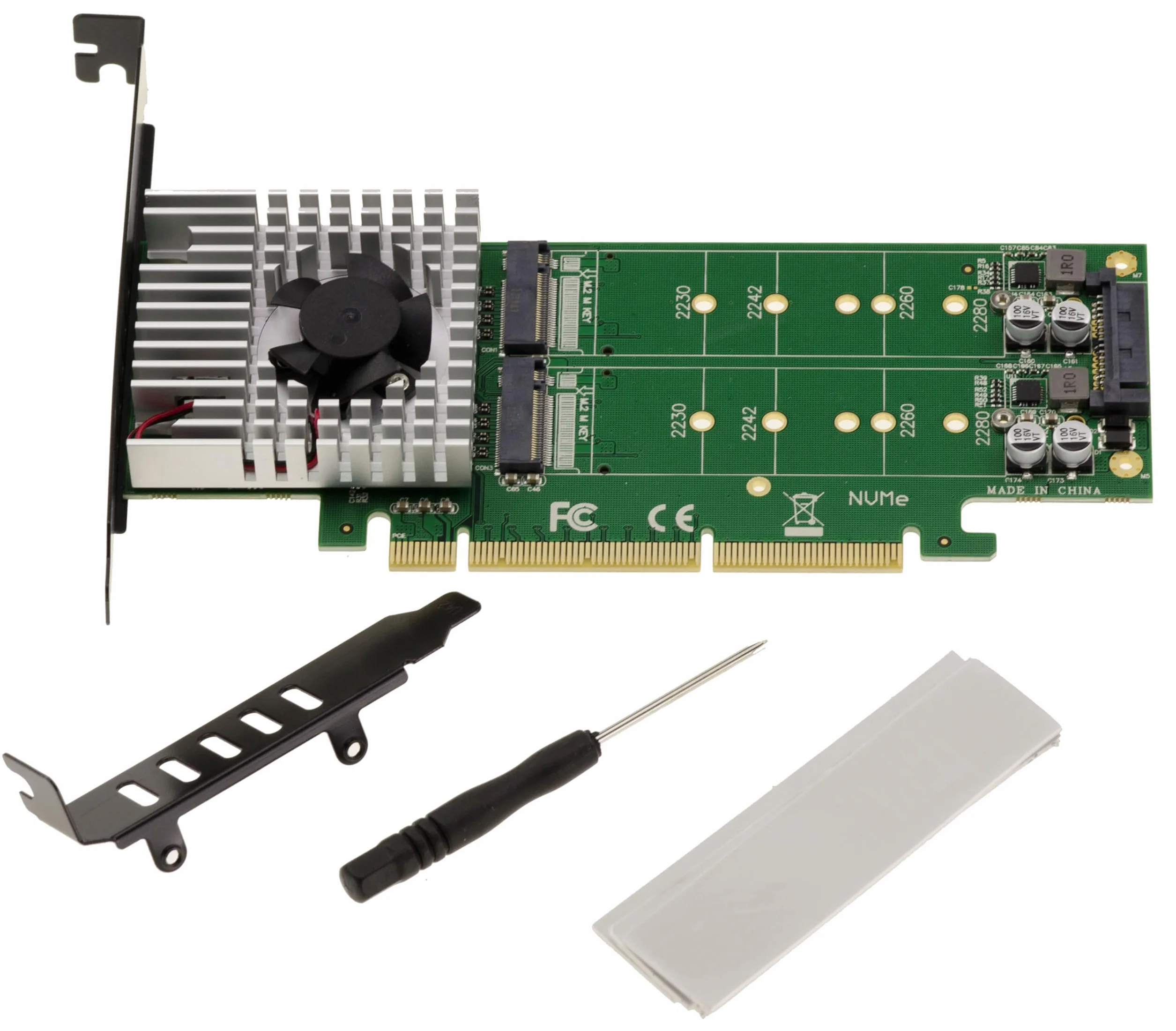 KALEA-INFORMATIQUE Dwustronna karta kontrolera PCIe 3.0 16x dla 4 dysków SSD M.2 NVMe M Key (M2 NGFF) z wymuszoną wentylacją. CHIPSET ASM2824.