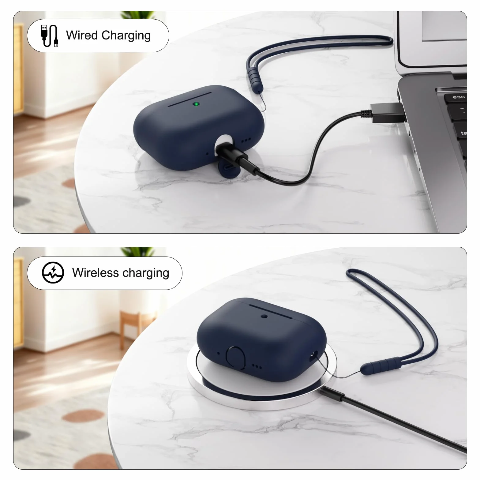 Etui ochronne kompatybilne z Airpods Pro 3 generacji, pełna ochrona, silikonowe etui do AirPods Pro 3 ze smyczą, przednia dioda LED może być widoczna, Midnight Blue