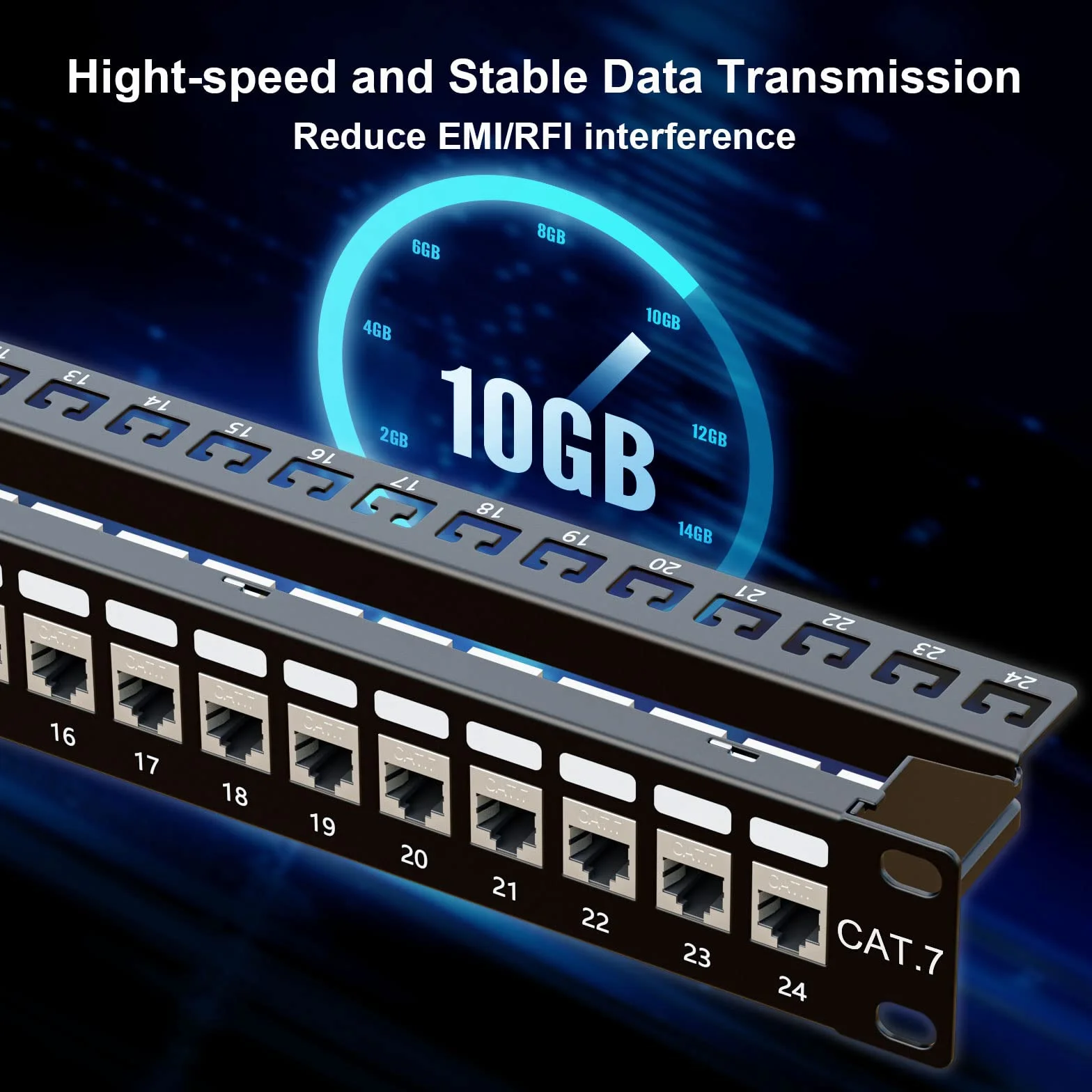 iwillink Panel krosowy Cat7 10 Gb/s, 24 porty, RJ45 łącznik przelotowy 1U, ekranowany panel krosowy STP 48 cm z tylnym drążkiem, montażem ściennym lub stojakiem, kompatybilny z Cat7, Cat6A, Cat6