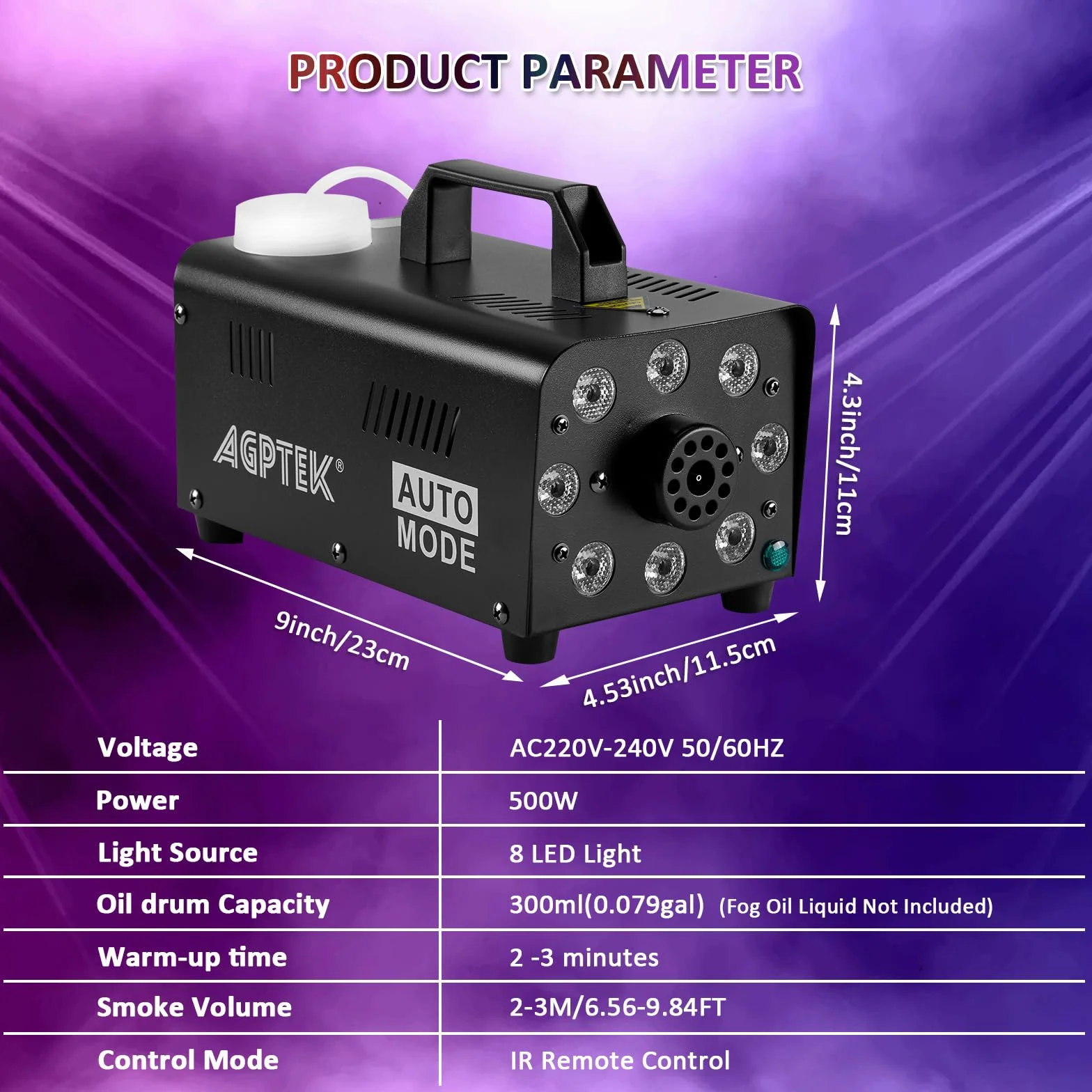 AgptEK maszyna do mgły z bezprzewodowym pilotem zdalnego sterowania i światłem LED, 500 W, stabilna i przenośna, pasuje na Halloween, Boże Narodzenie, wesela, występy sceniczne itp