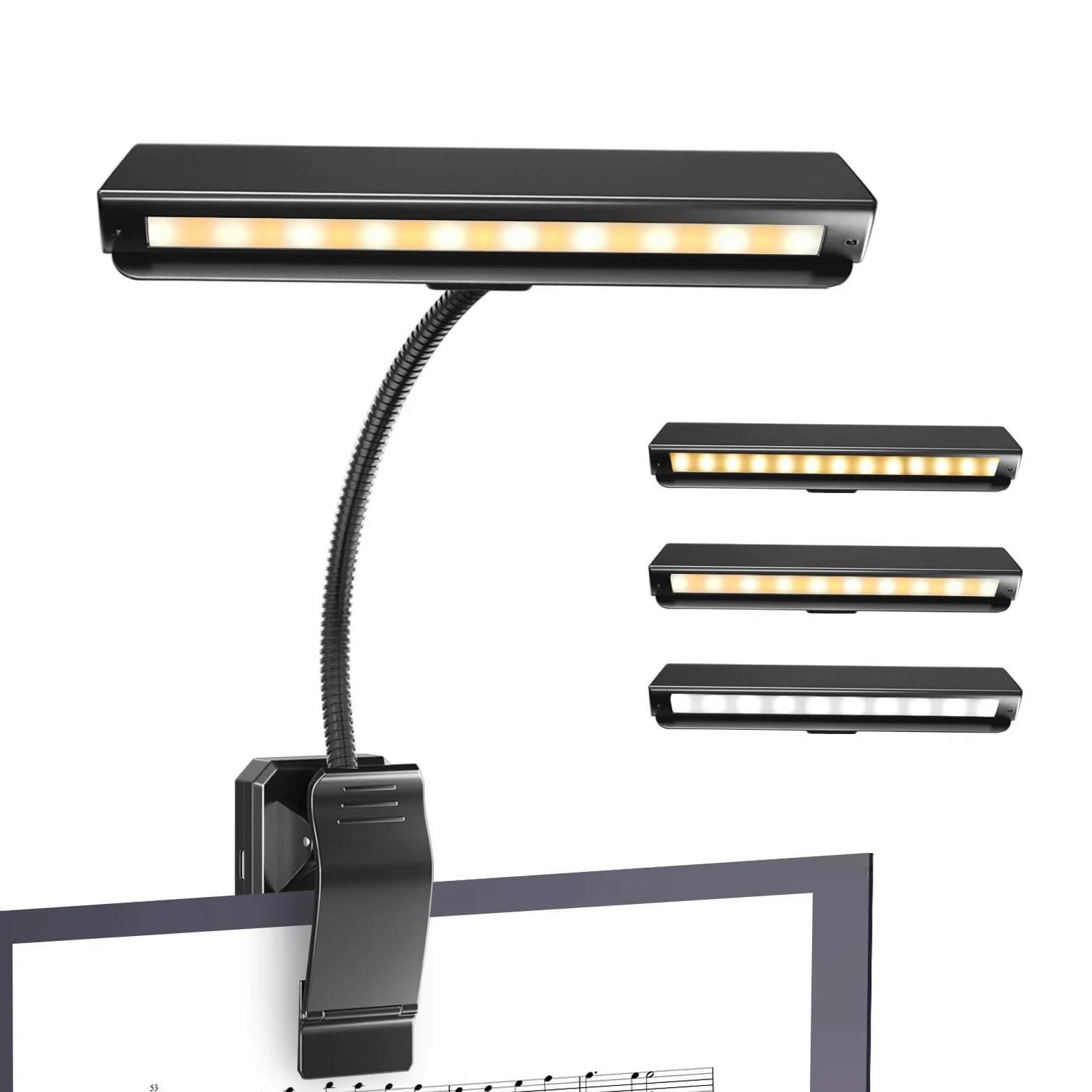 19 diod LED do stojaka, lampka do czytania z klipsem na stojak, ładowana przez USB, 3 kolory i 5 jasności, idealne prezenty muzyczne, idealne na fortepian, czytanie, orkiestrę