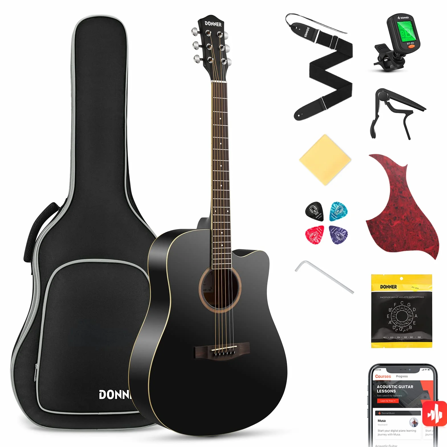 Donner Gitara akustyczna, 4/4 Cutaway, 41 cali, zestaw pełnowymiarowy, z paskiem Gigbag Capo, strunami (czarny)