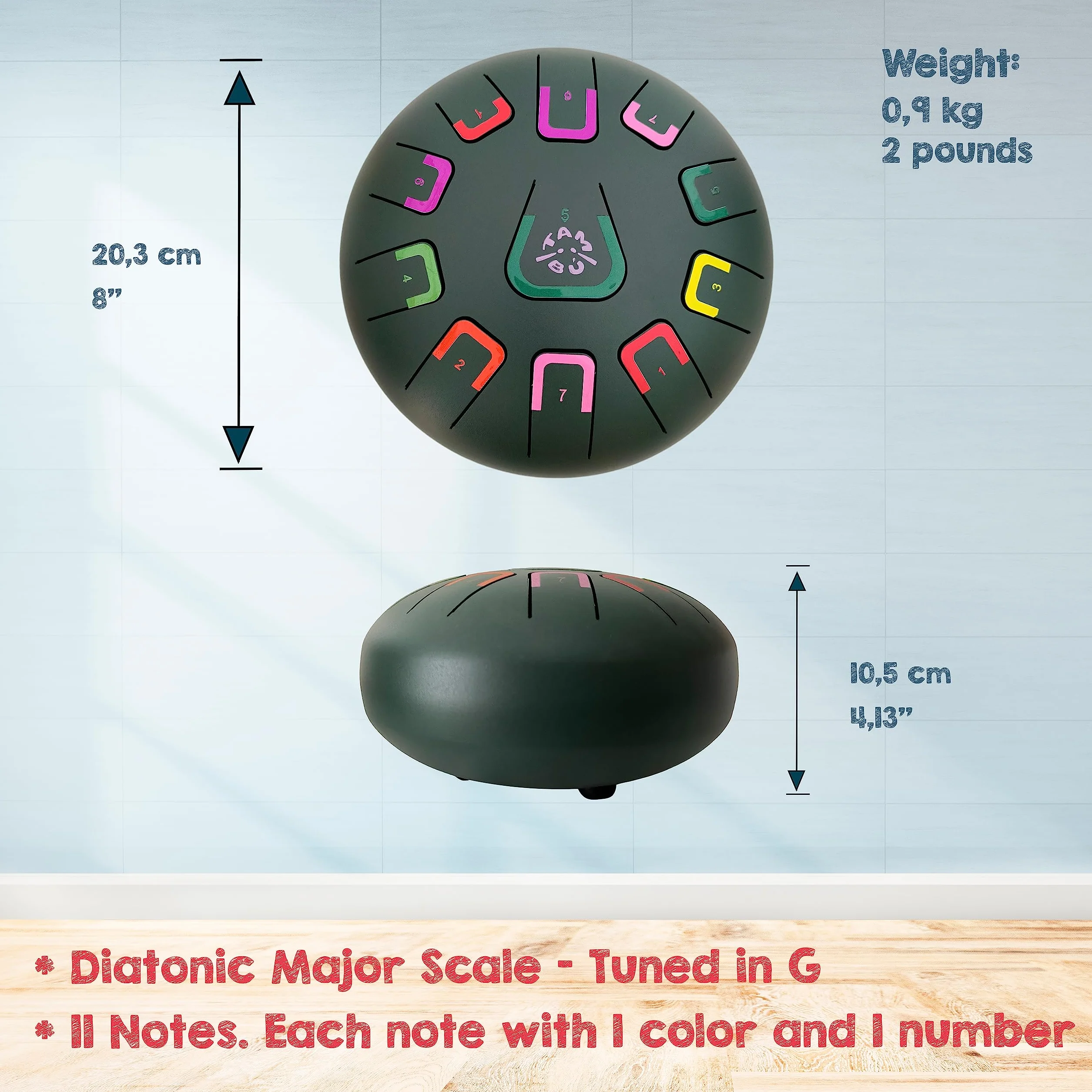 Handpan metalowy instrument perkusyjny stalowy bęben językowy 20 cm 11 dźwięków matowy zielony