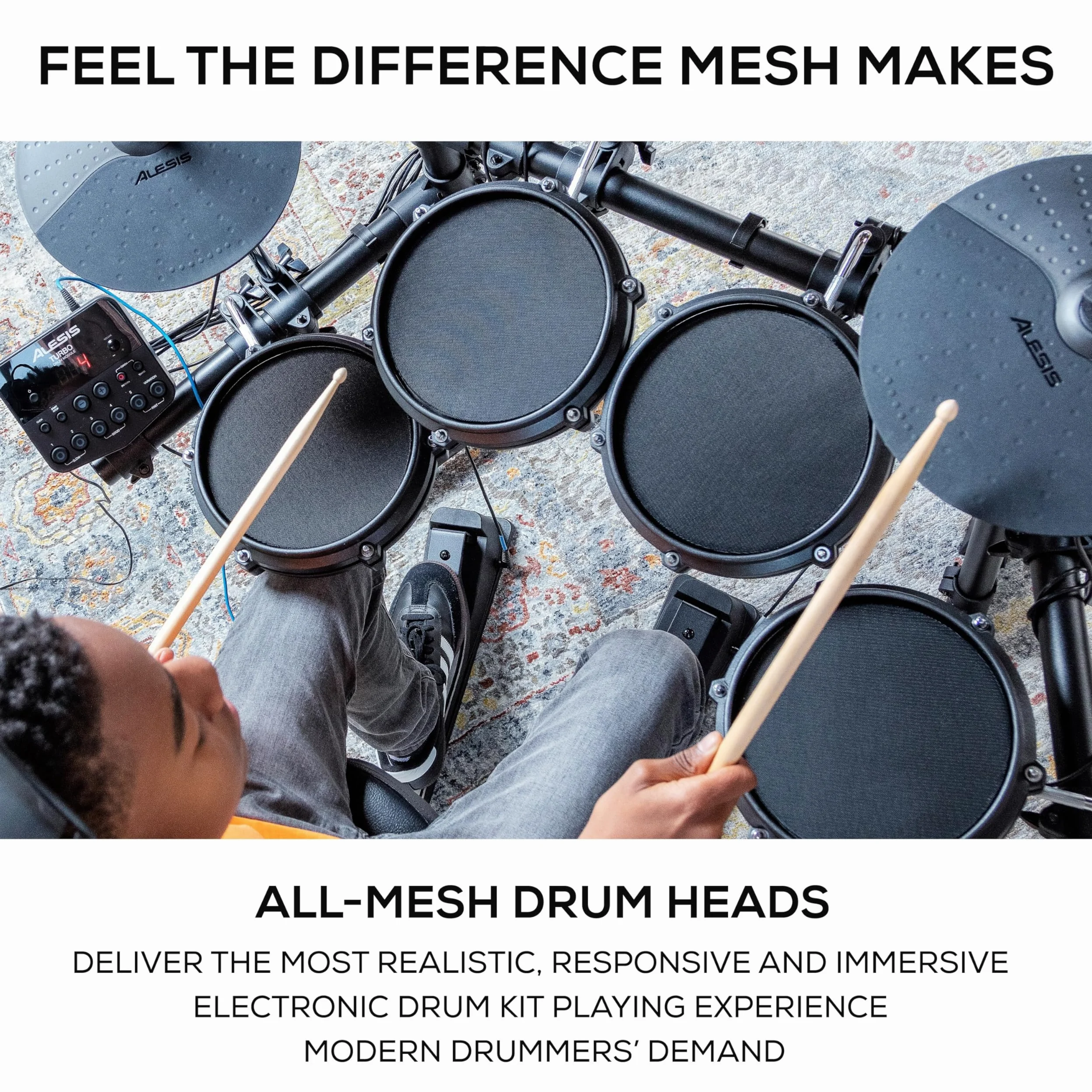 Alesis Turbo Mesh Kit - 7-Częściowa Siateczkowa Perkusja Elektroniczna ze Stalowym Statywem, Ponad 100 Brzmień i Utworów oraz Kable i Pałeczki
