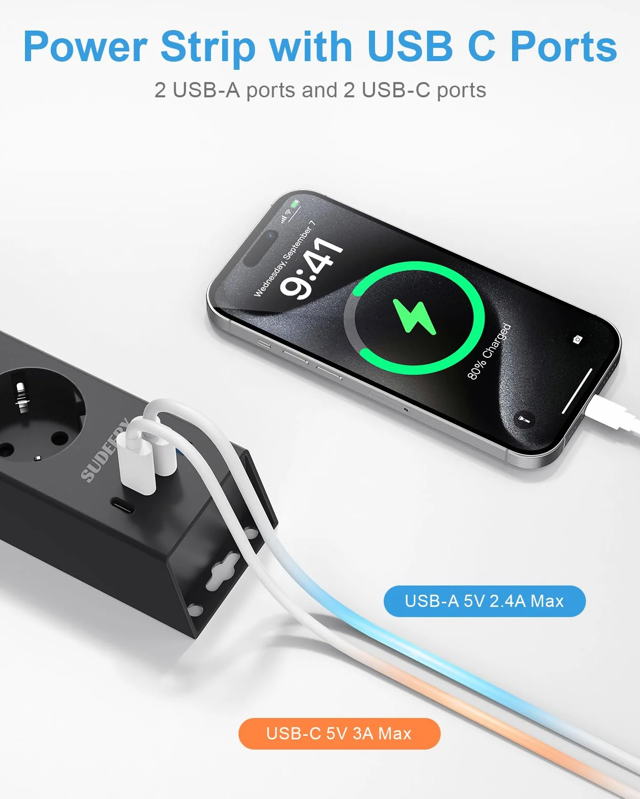 Listwa zasilająca z 4 gniazdami z USB C, listwa zasilająca 8 w 1, montaż ścienny, z przełącznikiem i kablem 2 m, z zabezpieczeniem przed przepięciem, do biura, kuchni (czarna)