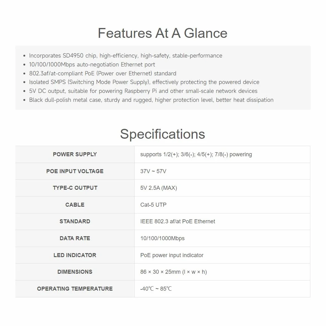 Waveshare Industrial Gigabit PoE Splitter with Metal Case protection,5V 2.5A Type-C Out