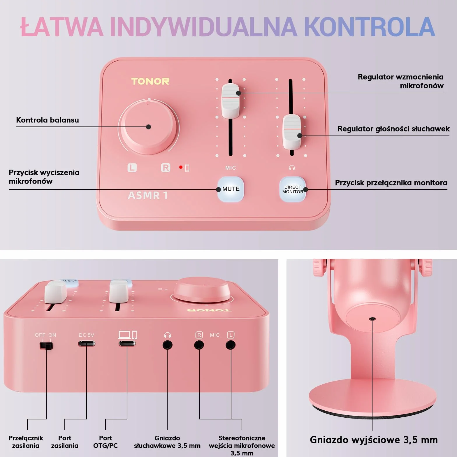 TONOR ASMR z Interfejsem Audio, Mikrofon USB z Podwójnym Kondensatorem, 192kHz, Dźwięk 3D, Czysty Dźwięk, Regulacja Głośności, Mikser, do Nagrywania i Tworzenia Treści – Różowy