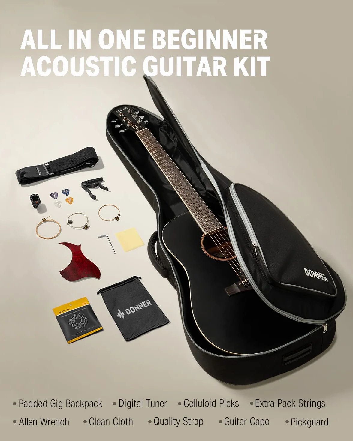 Donner Gitara akustyczna, 4/4 Cutaway, 41 cali, zestaw pełnowymiarowy, z paskiem Gigbag Capo, strunami (czarny)