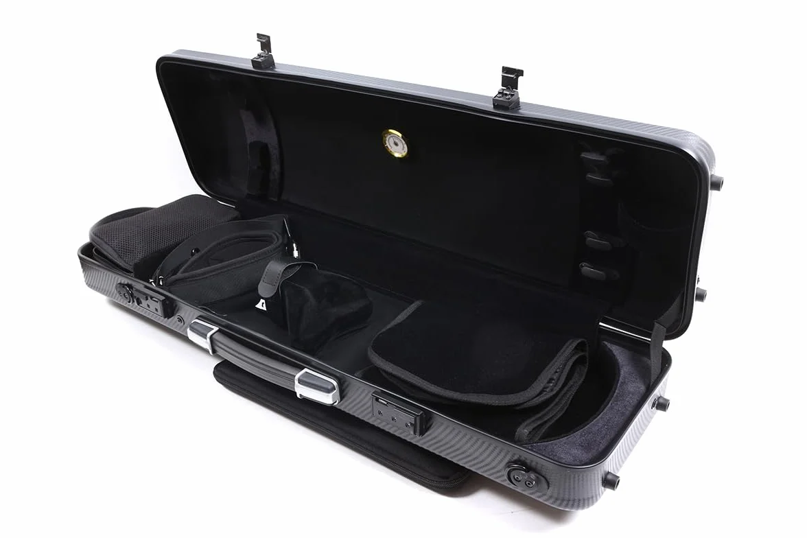 Futerał na skrzypce 4/4, pełny rozmiar, wysoka wytrzymałość, twarda obudowa z włókna węglowego, trwałe uchwyty, wewnętrzne przechowywanie z paskami plecaka, torba na nuty muzyczne (czarny,