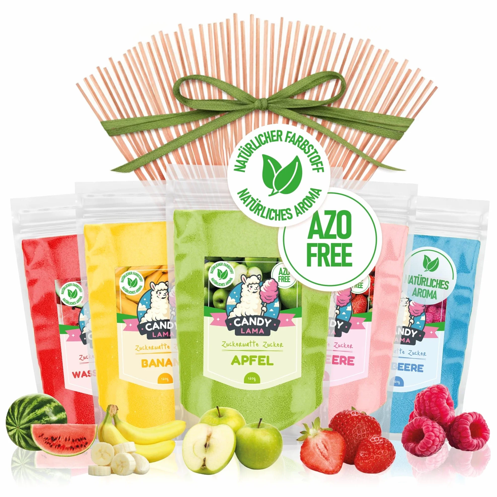 CANDY LAMA Zestaw cukrów do waty cukrowej, zestaw imprezowy 5 x 160g: Truskawka, Malina, Jabłko, Banan i Arbuz, w zestawie 20 patyczków do waty cukrowej, do maszynki