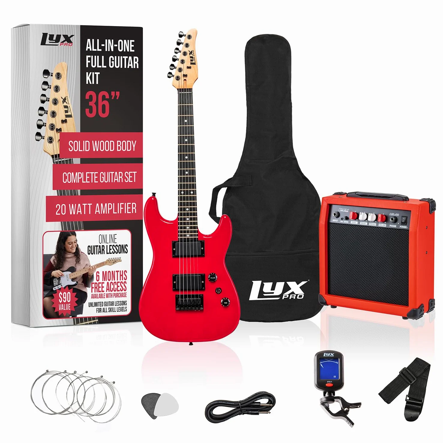 LyxPro Gitara elektryczna 36 cali i zestaw dla dzieci z gitarą dla początkujących, wzmacniaczem, sześcioma strunami, dwoma kostkami, paskiem na ramię, cyfrowym tunerem z klipsem, kablem i miękkim etui