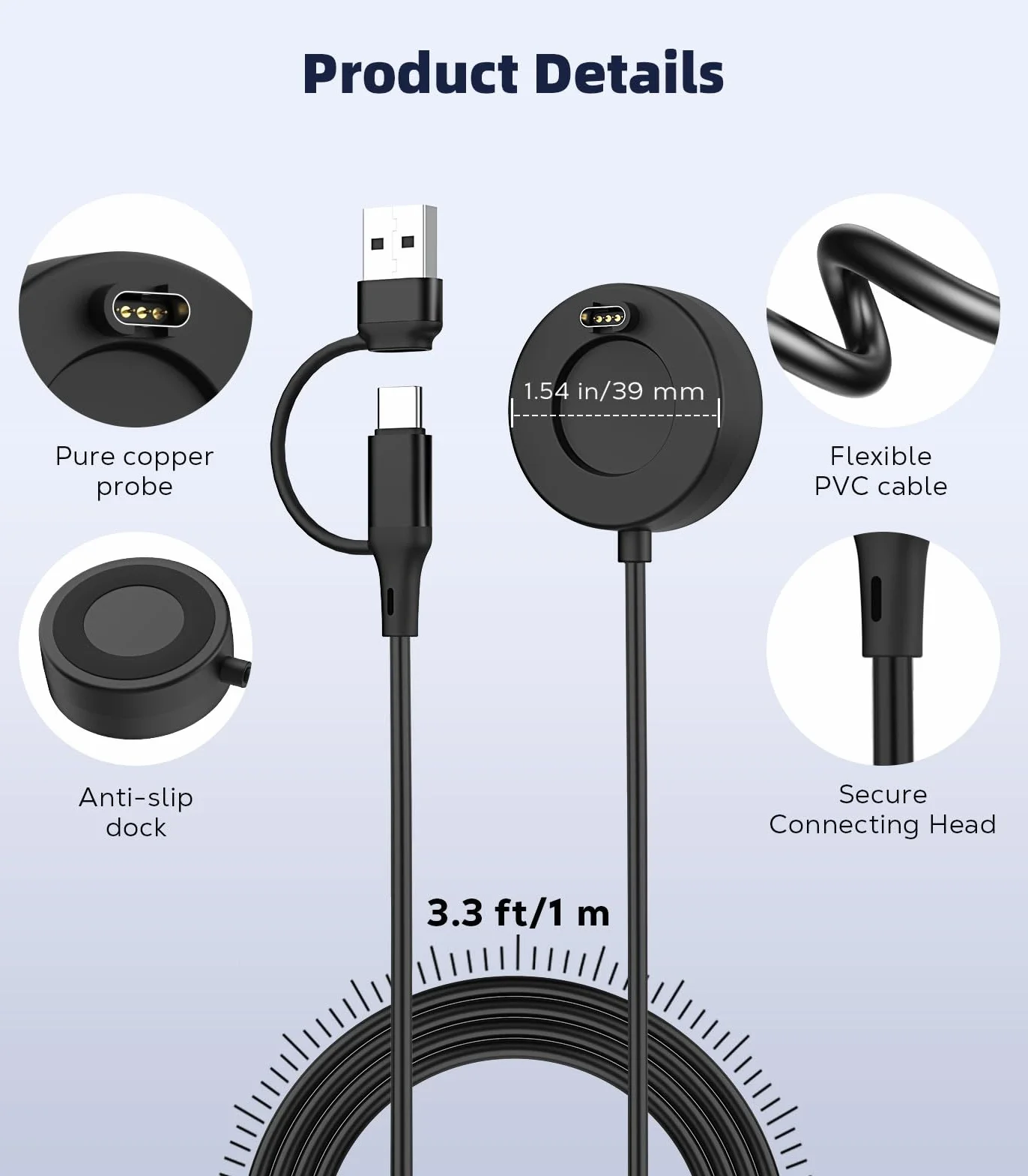 MoKo 2 in 1 Garmin Watch Charger, USB-C Charger Cable Compatible with Garmin Vivoactive 6/5, Fenix 8/7/6/5, Forerunner 970/570/965/265/255/165, Instinct, Venu 4/3s, 3.3 ft/1m Charging Code, Black