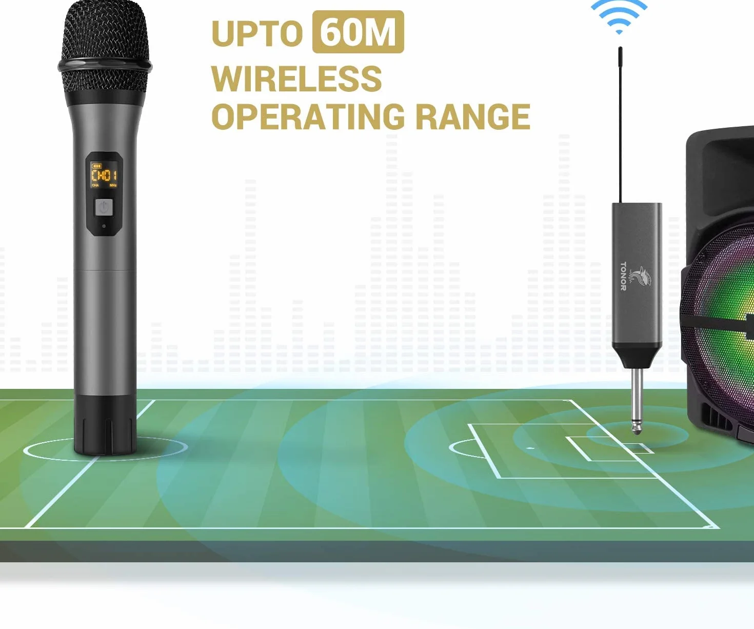 TONOR Mikrofon Bezprzewodowy, Metalowy System Bezprzewodowego Mikrofonu Ręcznego UHF z Odbiornikiem Akumulatorowym, Wyjście 1/4 „ do Wzmacniacza, Systemu PA, Maszyny Karaoke, 60 m (TW620), Srebrny