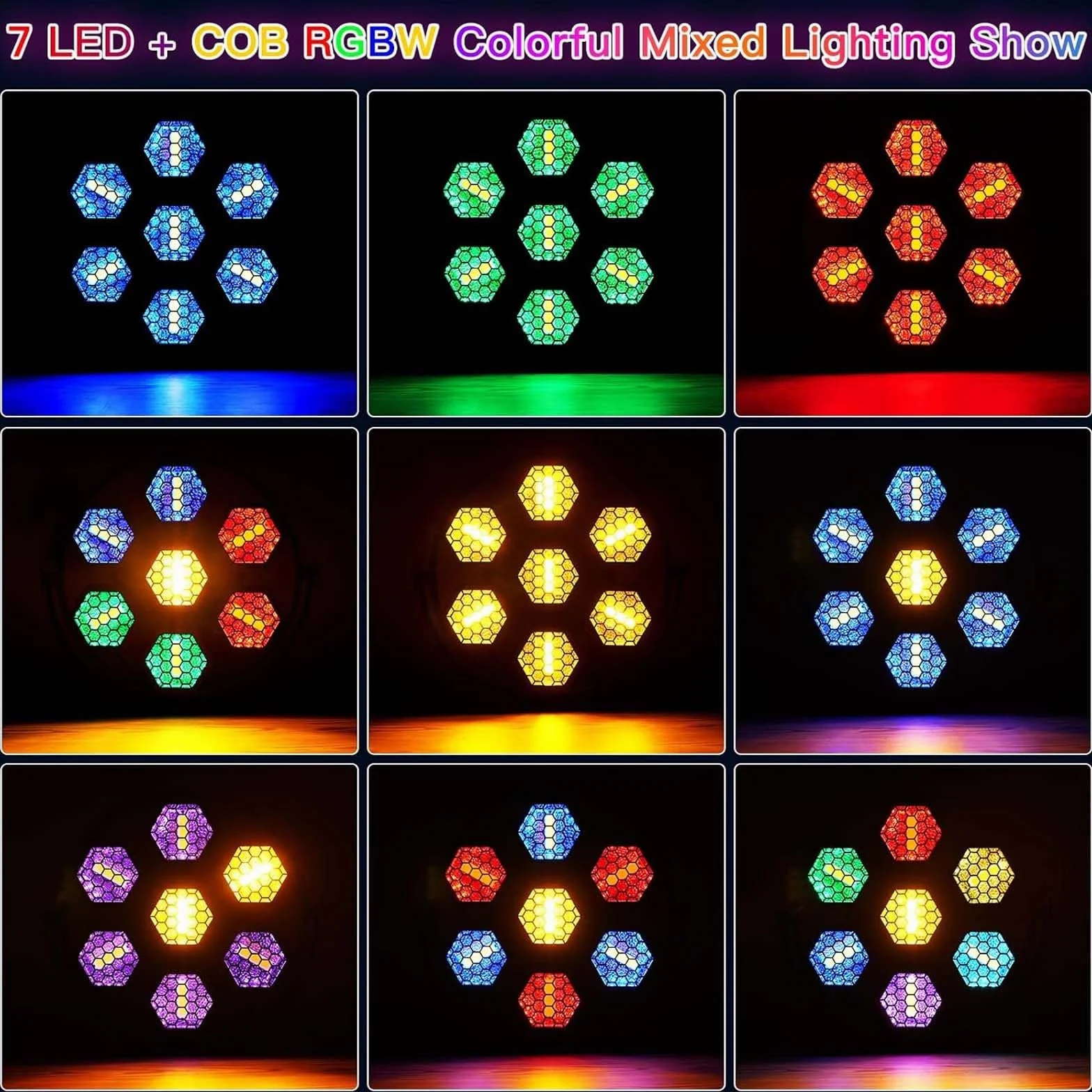 Sześciokątne retro lampy sceniczne COB o mocy 7X50 W, profesjonalne lampy sceniczne w stylu retro, oświetlenie z efektem matrycowym 63 * RGBW + 7 * COB, sterowanie DMX na scenach Wesele.