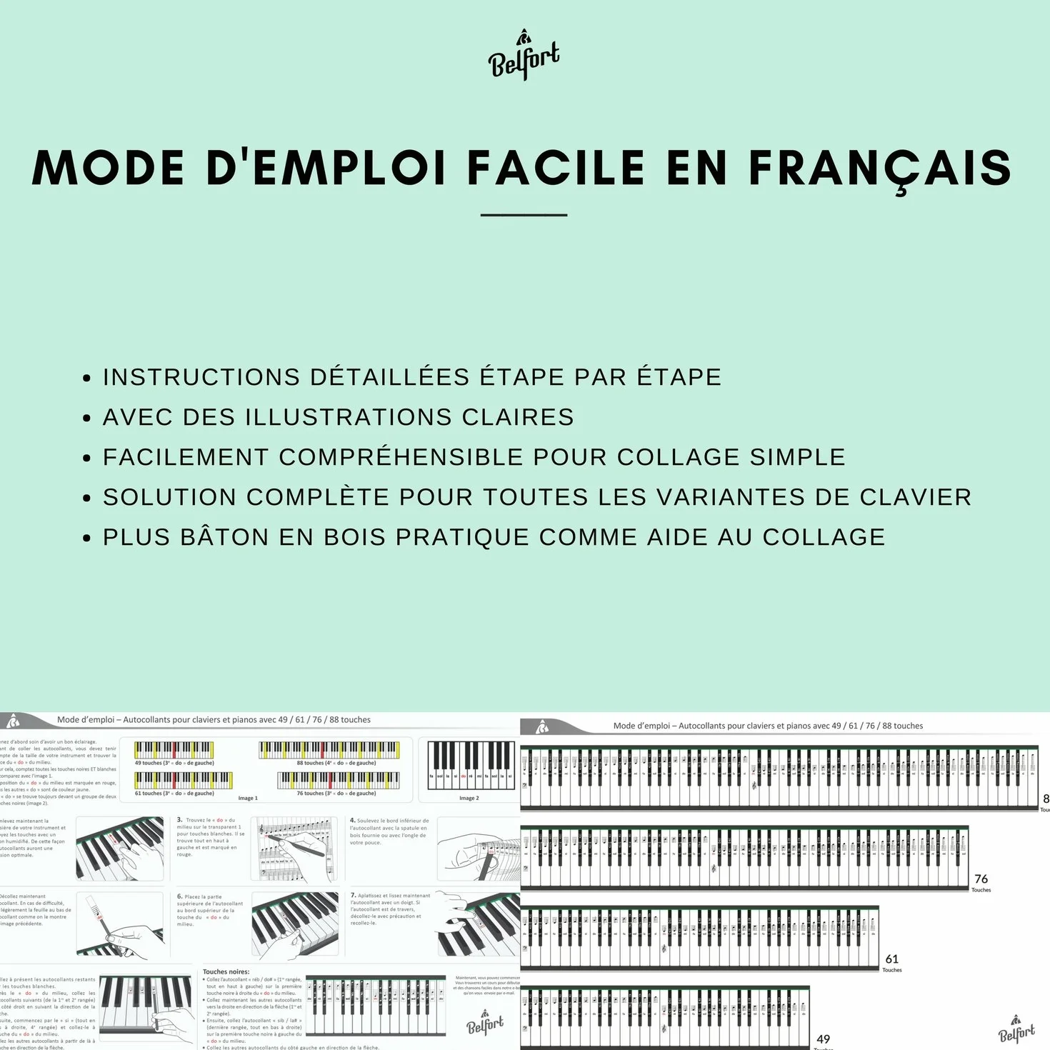 Belfort Autocollants pour Notes de Piano 49-88 Touches