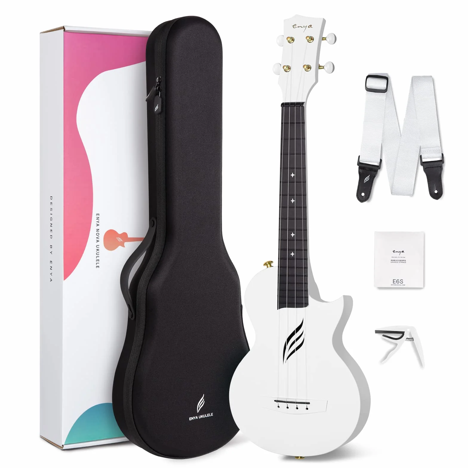 Enya Ukulele koncertowe Nova U 53 cm z włókna węglowego, dla początkujących i zaawansowanych użytkowników, z torbą i paskiem Capo wodoszczelne (białe)