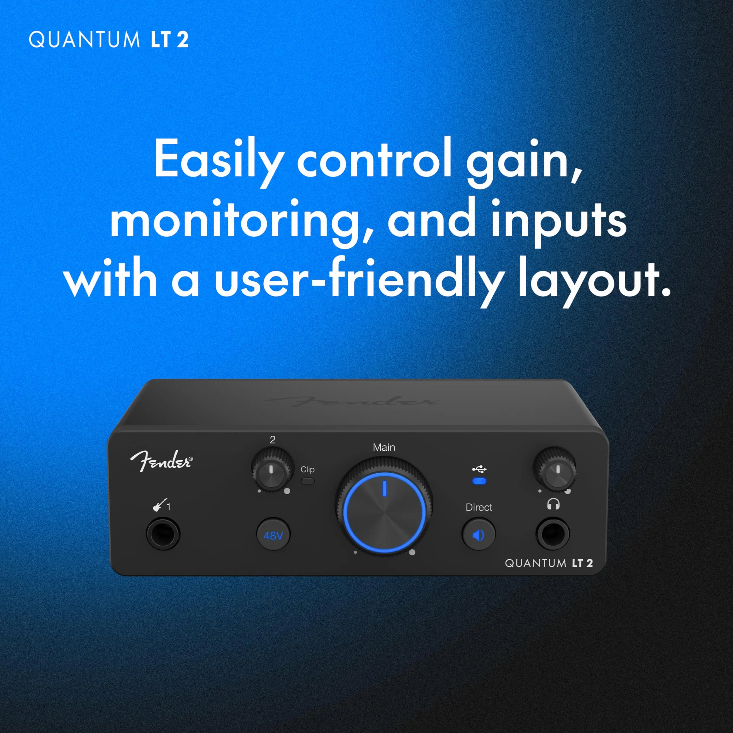 Fender Quantum LT 2 Interfejs audio USB-C do produkcji muzyki, przedwzmacniacz mic MAX-HD, wejście instrumentu, sterowniki low latency, loopback, zrównoważone wyjścia, wzmacniacz słuchawkowy, Mac, PC