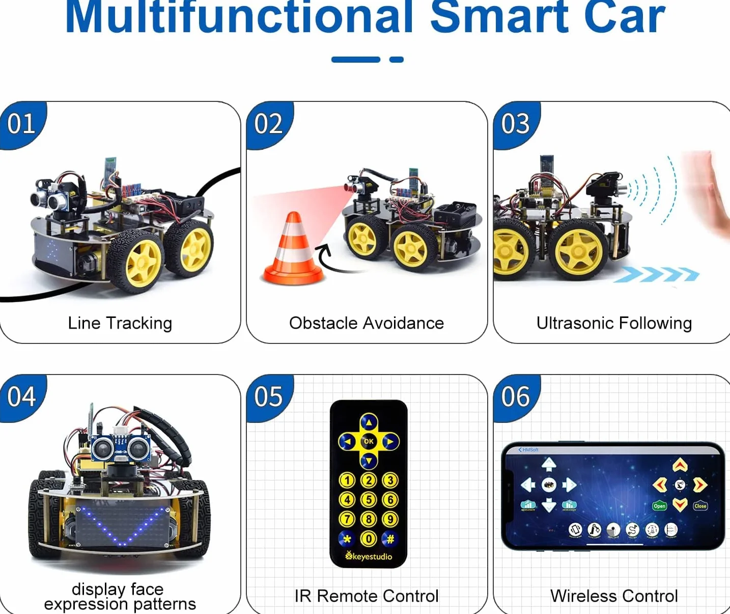 KEYESTUDIO 4WD zestaw do montażu robota V2.0+, kompatybilny z elektroniką Arduino IDE z mikrokontrolerem, modułem śledzenia line, czujnik ultradźwiękowy