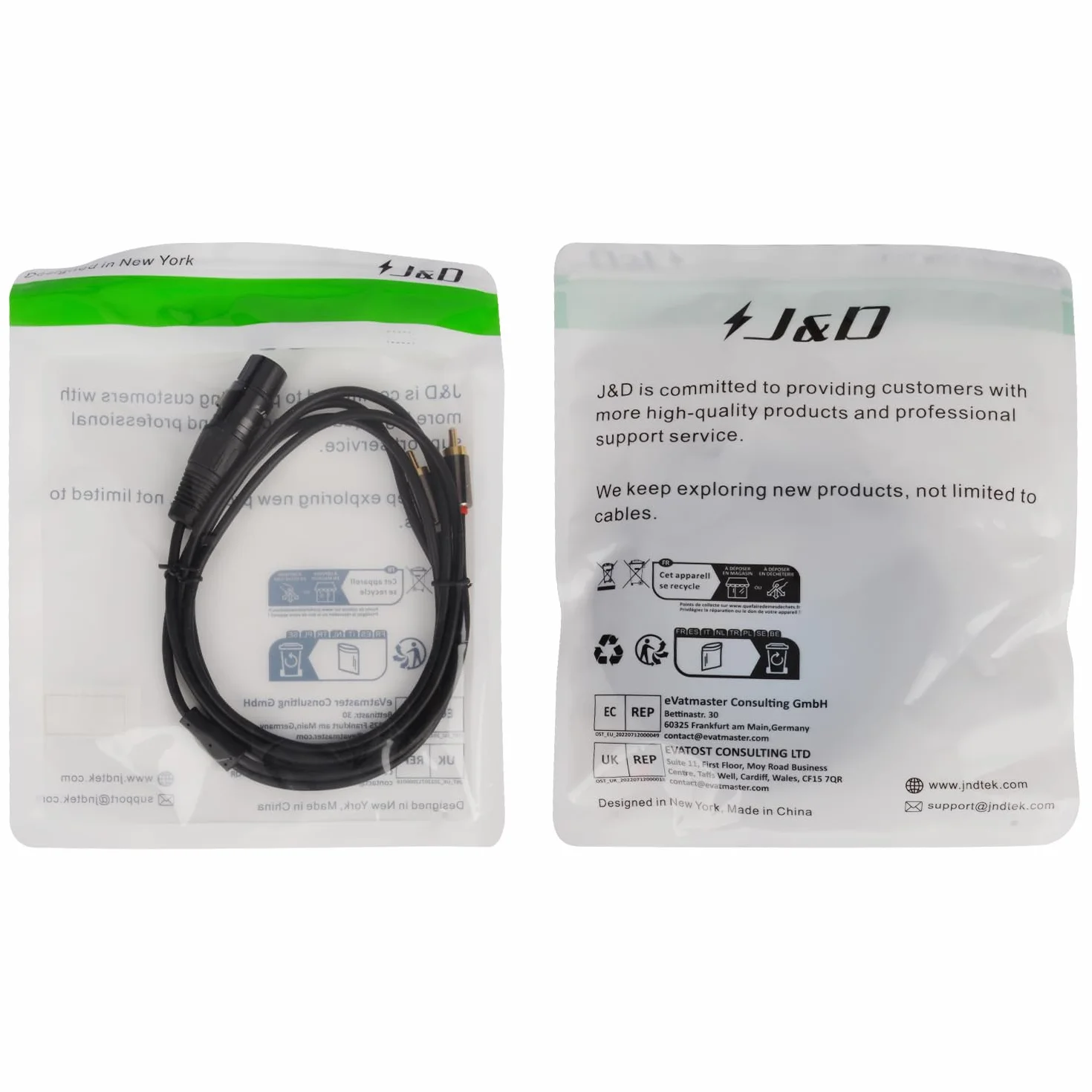 J&D XLR do 2 RCA Y kabel krosowy PCW stereo audio interconnect 6 stóp
