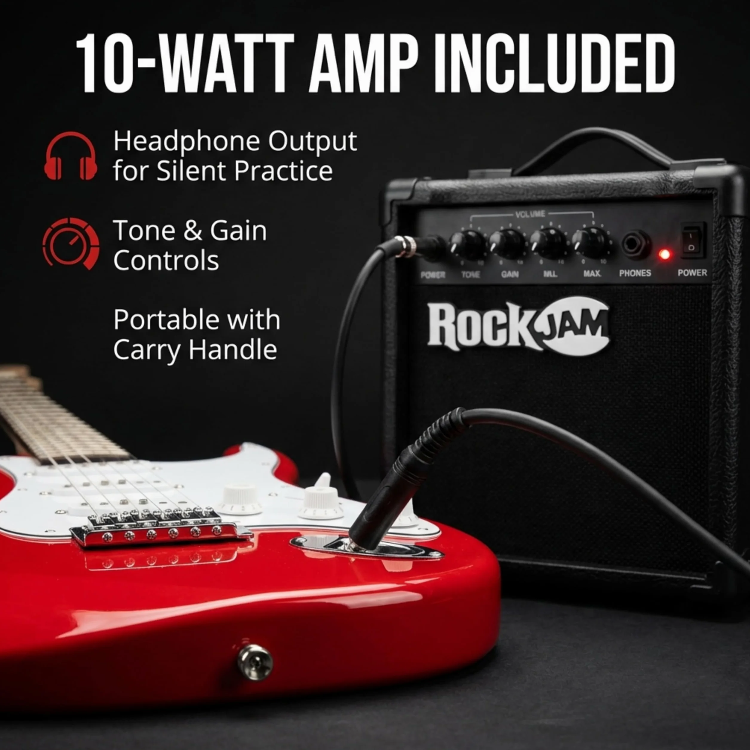 RockJam pełnowymiarowy zestaw gitarowy elektryczny z wzmacniaczem 10-watowym, akcesoriami i lekcjami, Czerwony