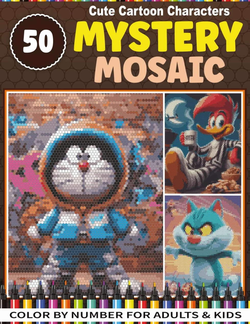 50 Mystery Mosaic Cute Cartoon Characters: Relaxing Pixel Art Adorable Cartoon Stars Mystery Mosaic Color by Number for Adults and Kids