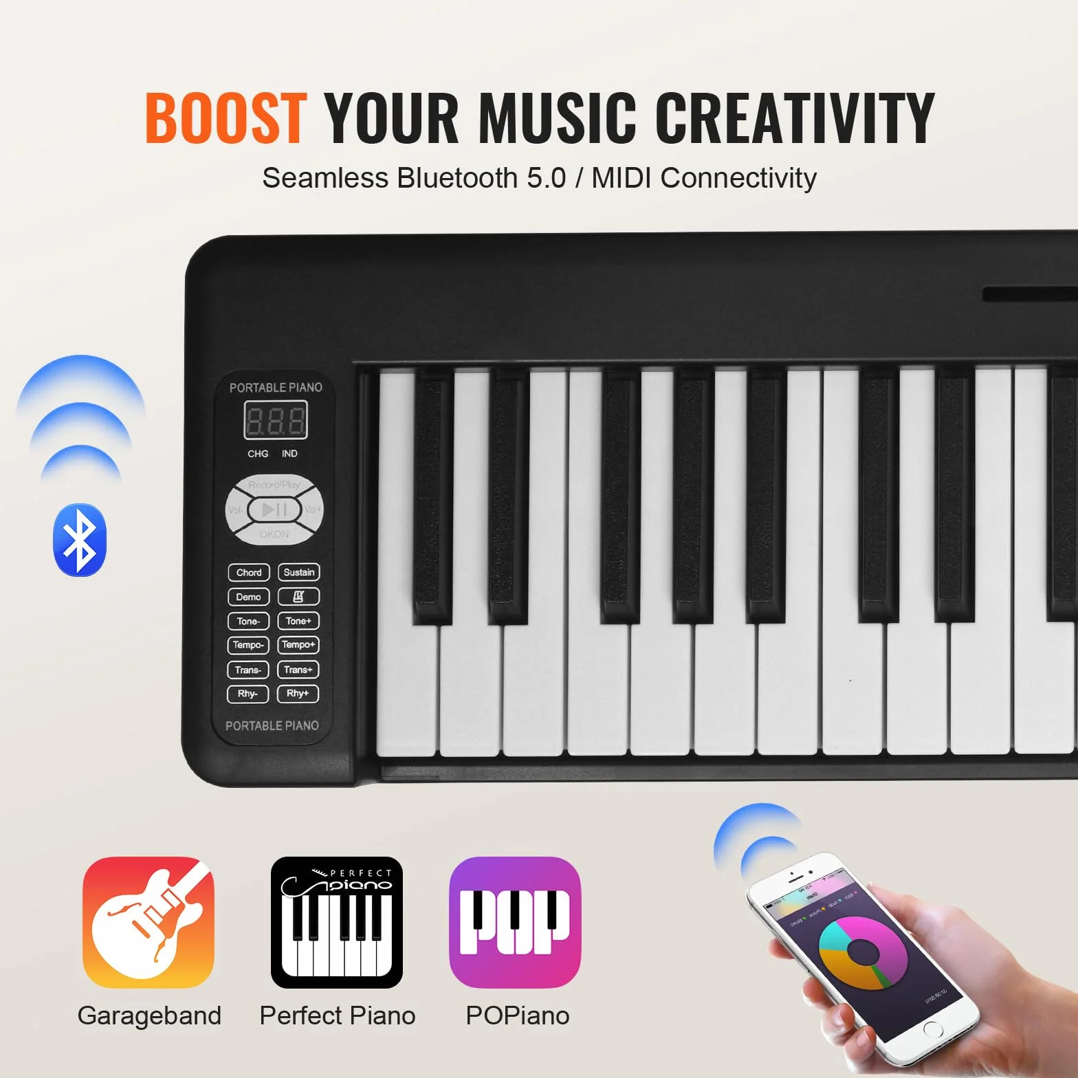 VEVOR Składane pianino 61 klawiszy, Bluetooth MIDI, przenośne składane elektroniczne pianino cyfrowe z pedałem, podświetlane klawisze dotykowe, torba, akumulator, składany fortepian