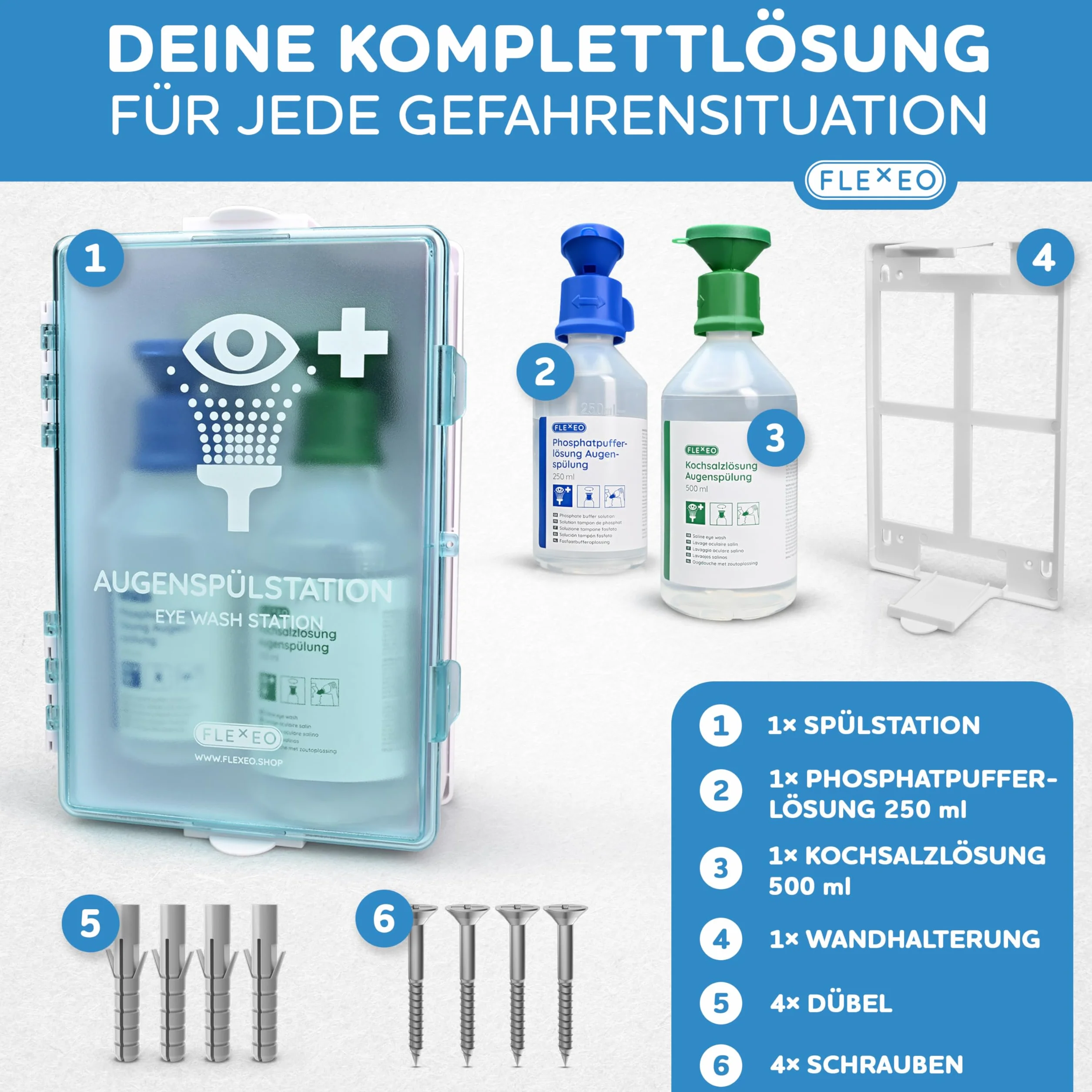 FLEXEO Stacja do płukania oczu w zestawie (1x 500 ml NaCl roztworu soli kuchennej + 1x 250 ml buforu fosforanowego) z uchwytem ściennym – płukanie oczu – prysznic oczu – sterylny NaCl roztwór do