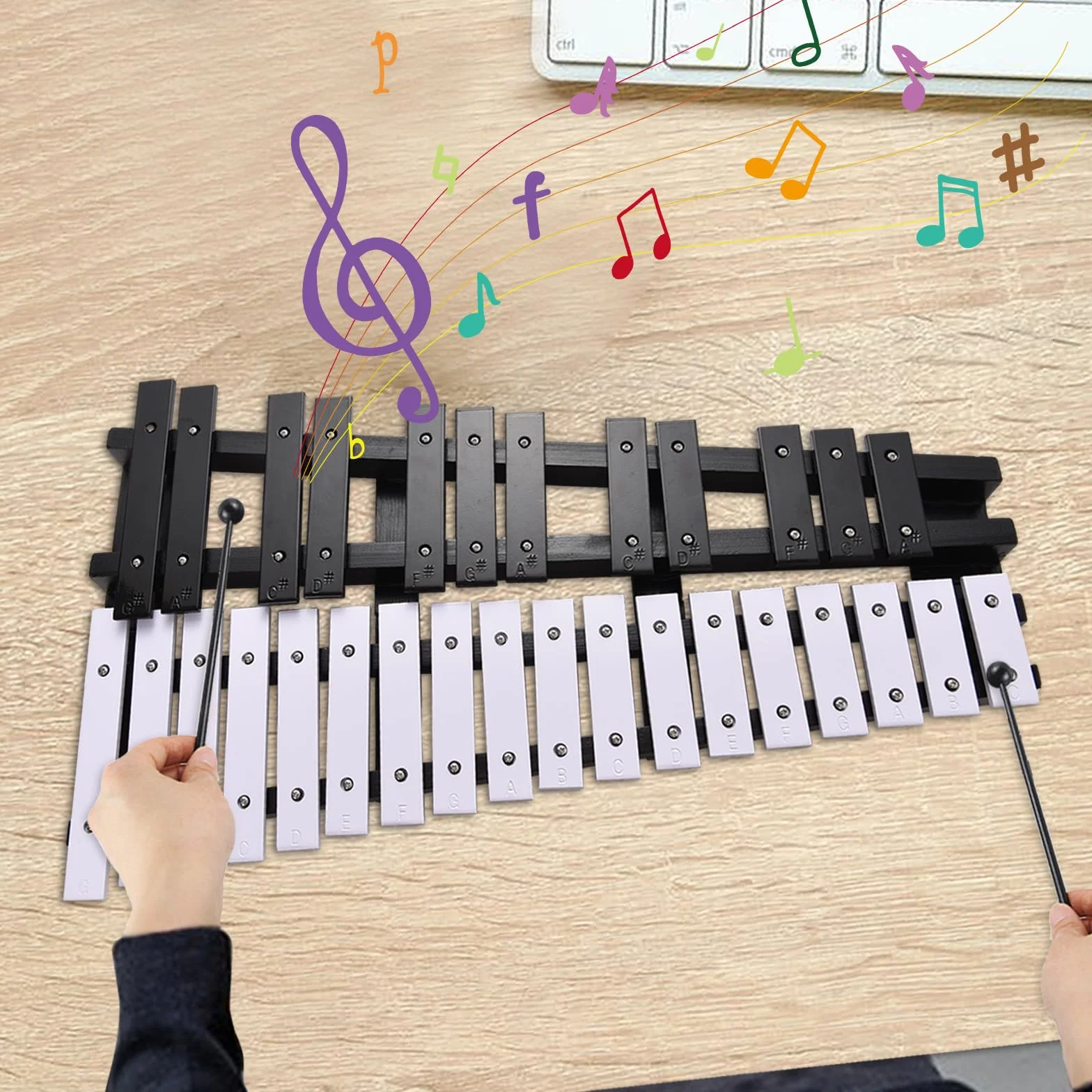 Btuty Glockenspiel 30 notatek składana drewniana rama aluminiowa pręty o grubości 5 mm perkusyjny instrument muzyczny z torbą do przenoszenia