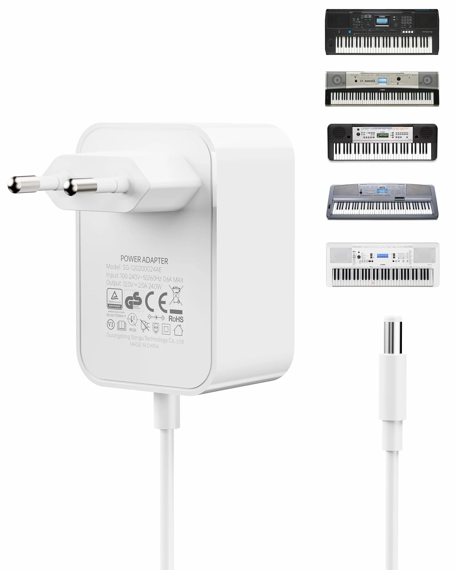 Adapter 12 V/2 A do Yamaha Keyboard Power AC Adapter do PA-130a PA-130b PA-150b P45 PA-3b PA-3c PA-5d PSR-210 PSR-78 P125 E373 EZ-220 EZ-300 Electronic. Ładowarka podłogowa 24 W 5.5M-biała